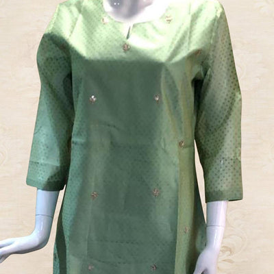 Flaunt Green Colored Partywear Embroidered Cotton Kurti-Bottom Set With Dupatta