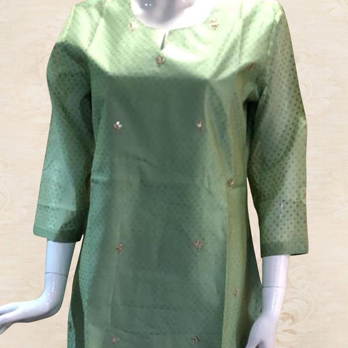 Flaunt Green Colored Partywear Embroidered Cotton Kurti-Bottom Set With Dupatta