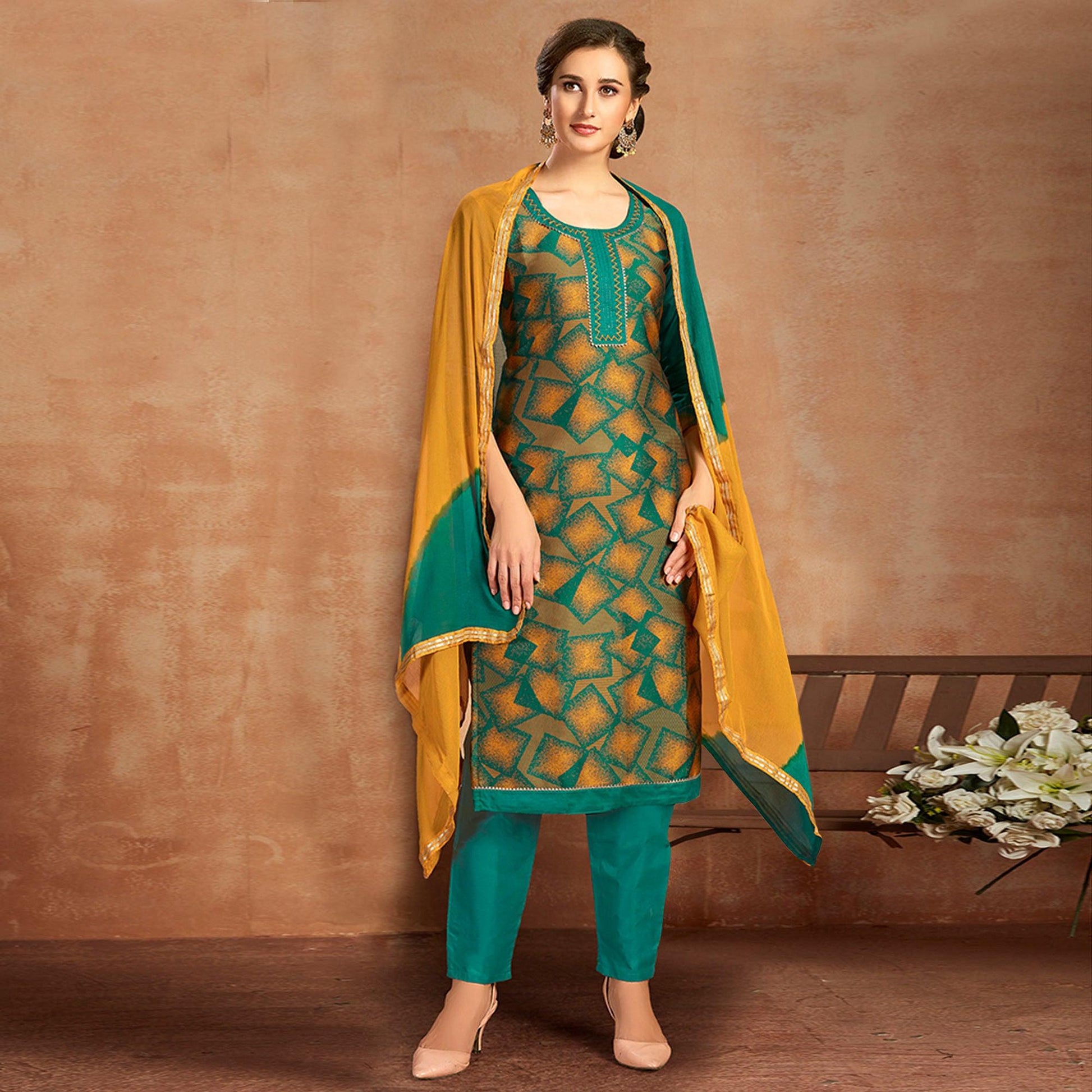 Flaunt Green Colored Partywear Embroidered Pure Cotton Dress Material