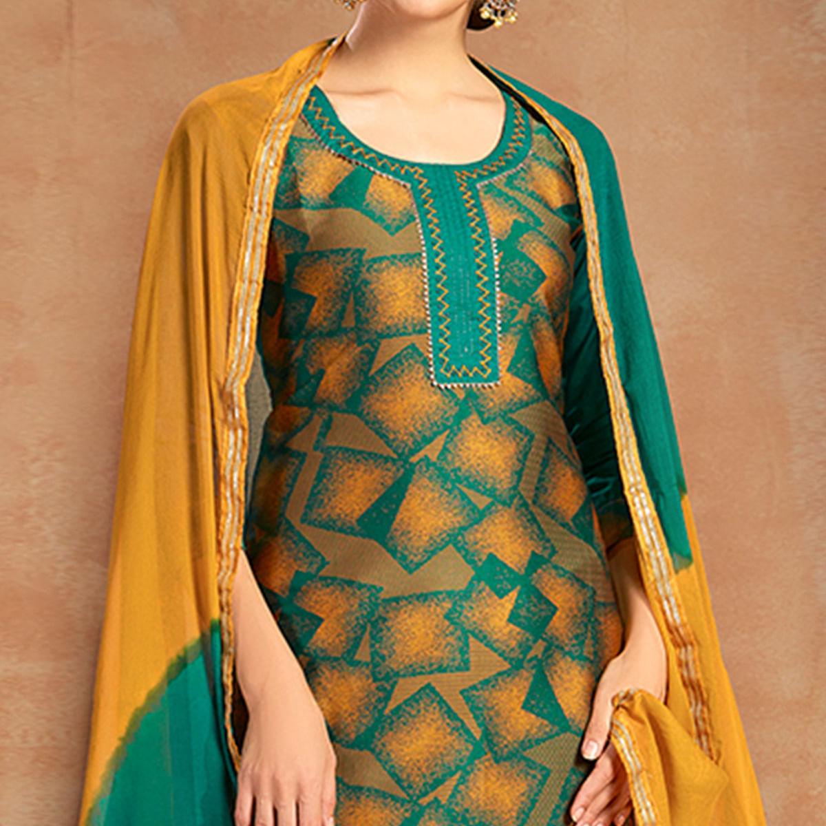 Flaunt Green Colored Partywear Embroidered Pure Cotton Dress Material