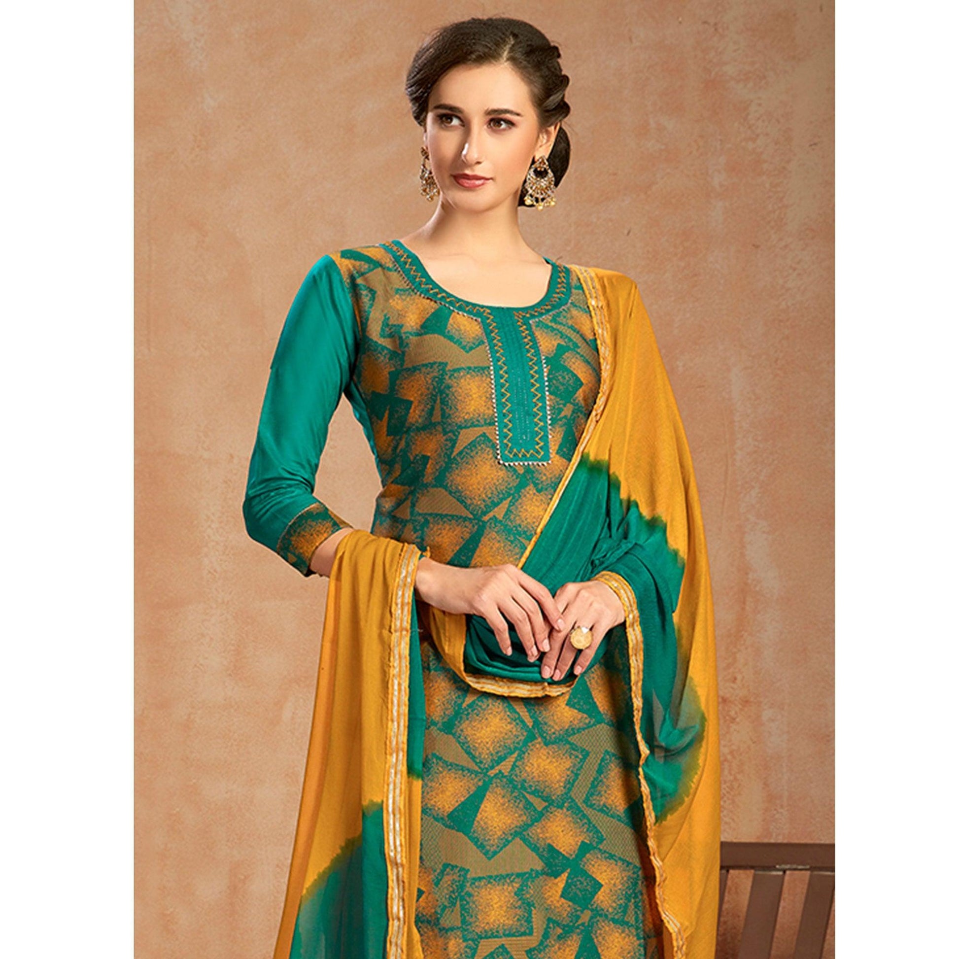 Flaunt Green Colored Partywear Embroidered Pure Cotton Dress Material