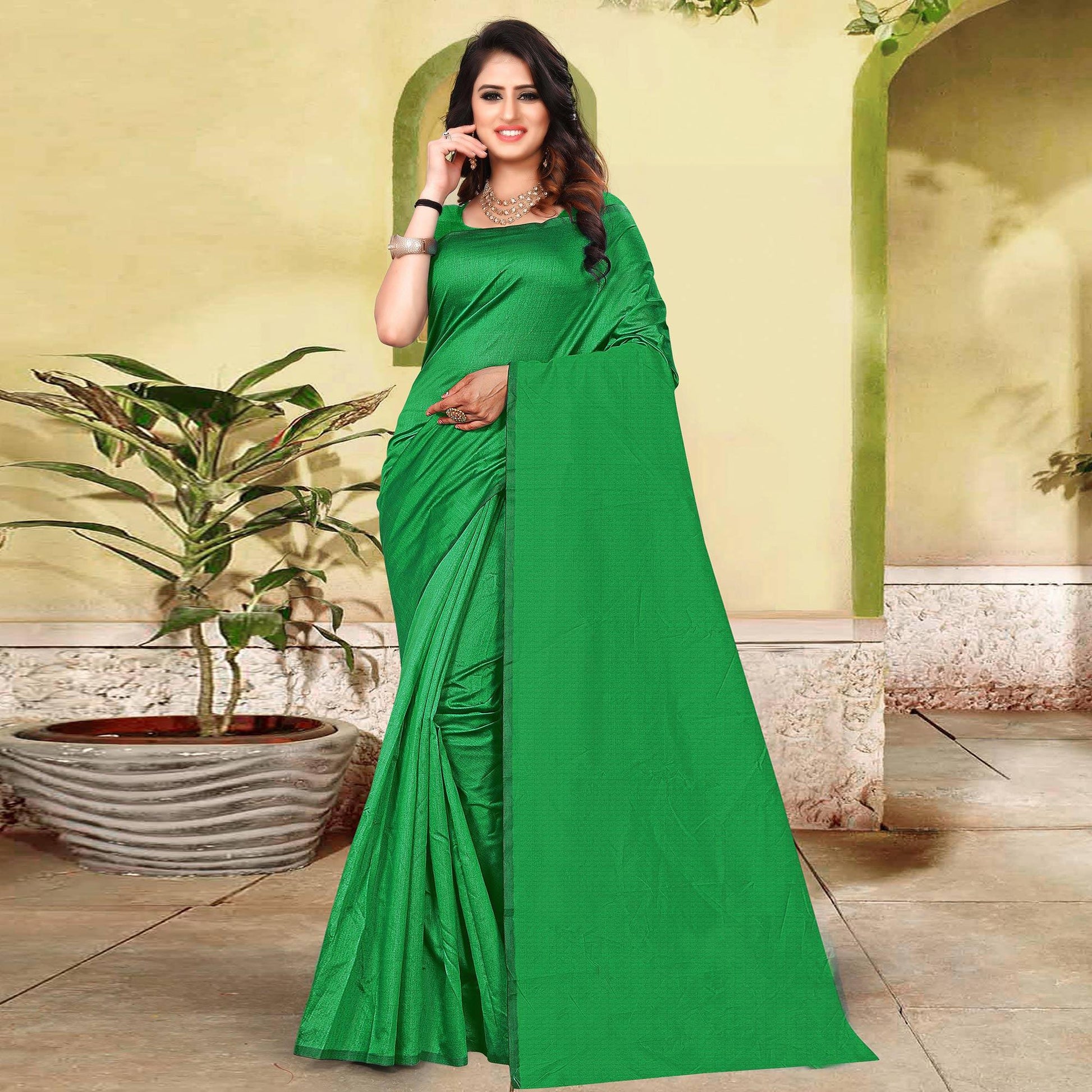 Flaunt Green Colored Partywear Solid Cotton Silk Saree