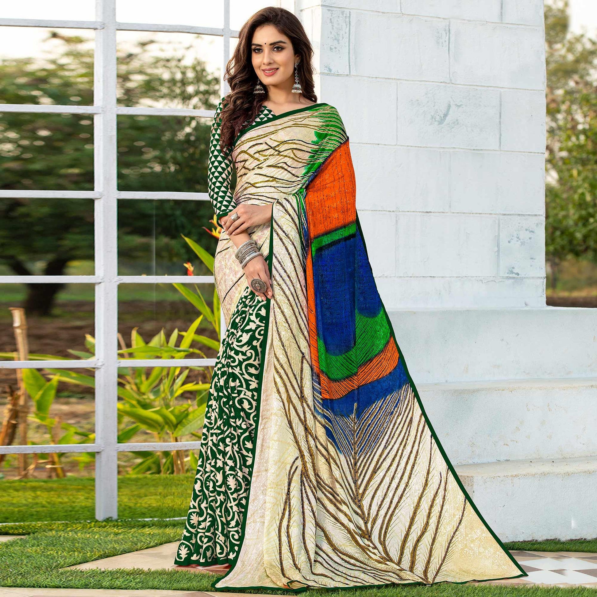 Flaunt Green-Cream Colored Party Wear Printed Silk Half-Half Saree