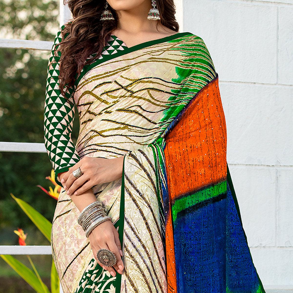 Flaunt Green-Cream Colored Party Wear Printed Silk Half-Half Saree
