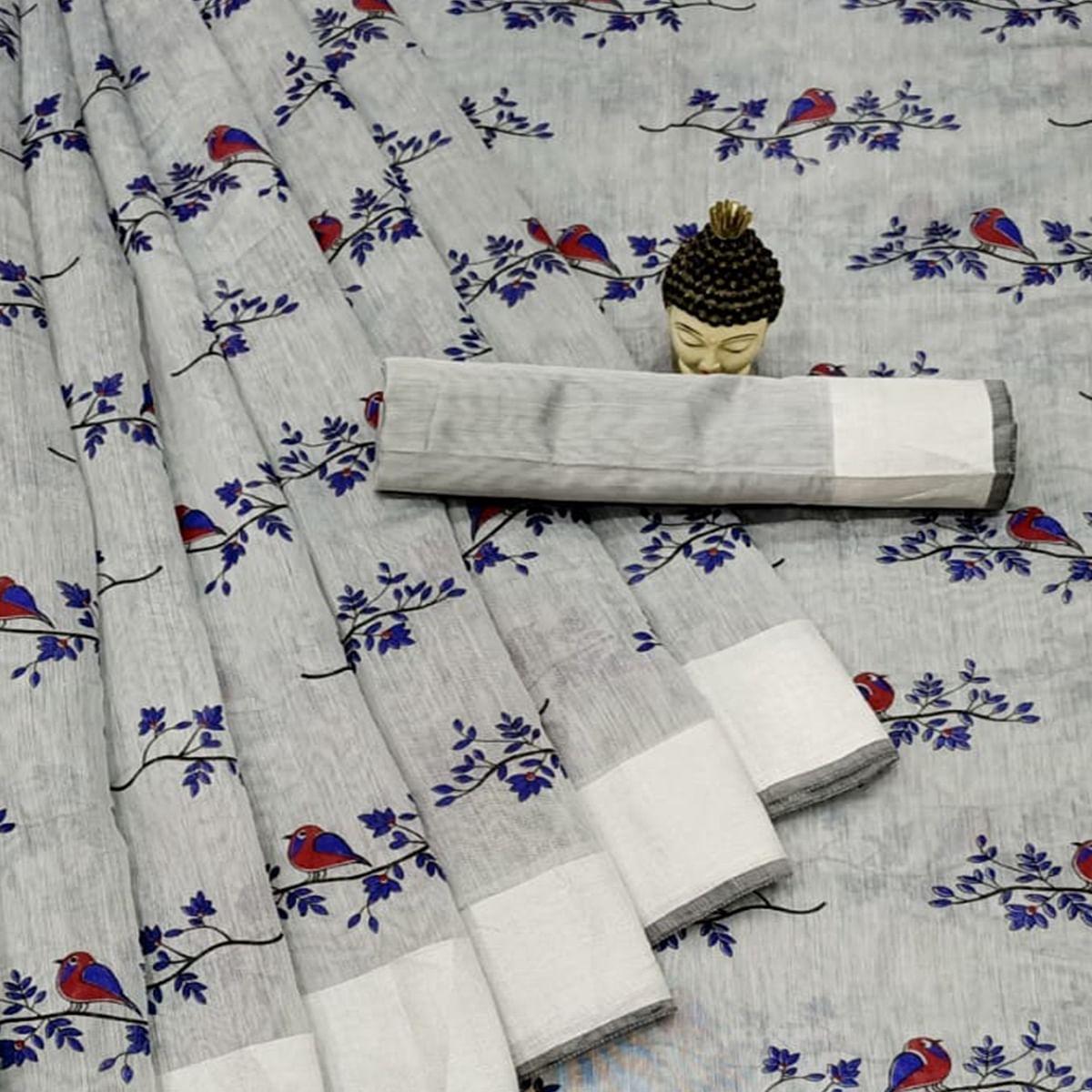 Flaunt Grey Colored Casual Wear Printed Cotton Linen Saree