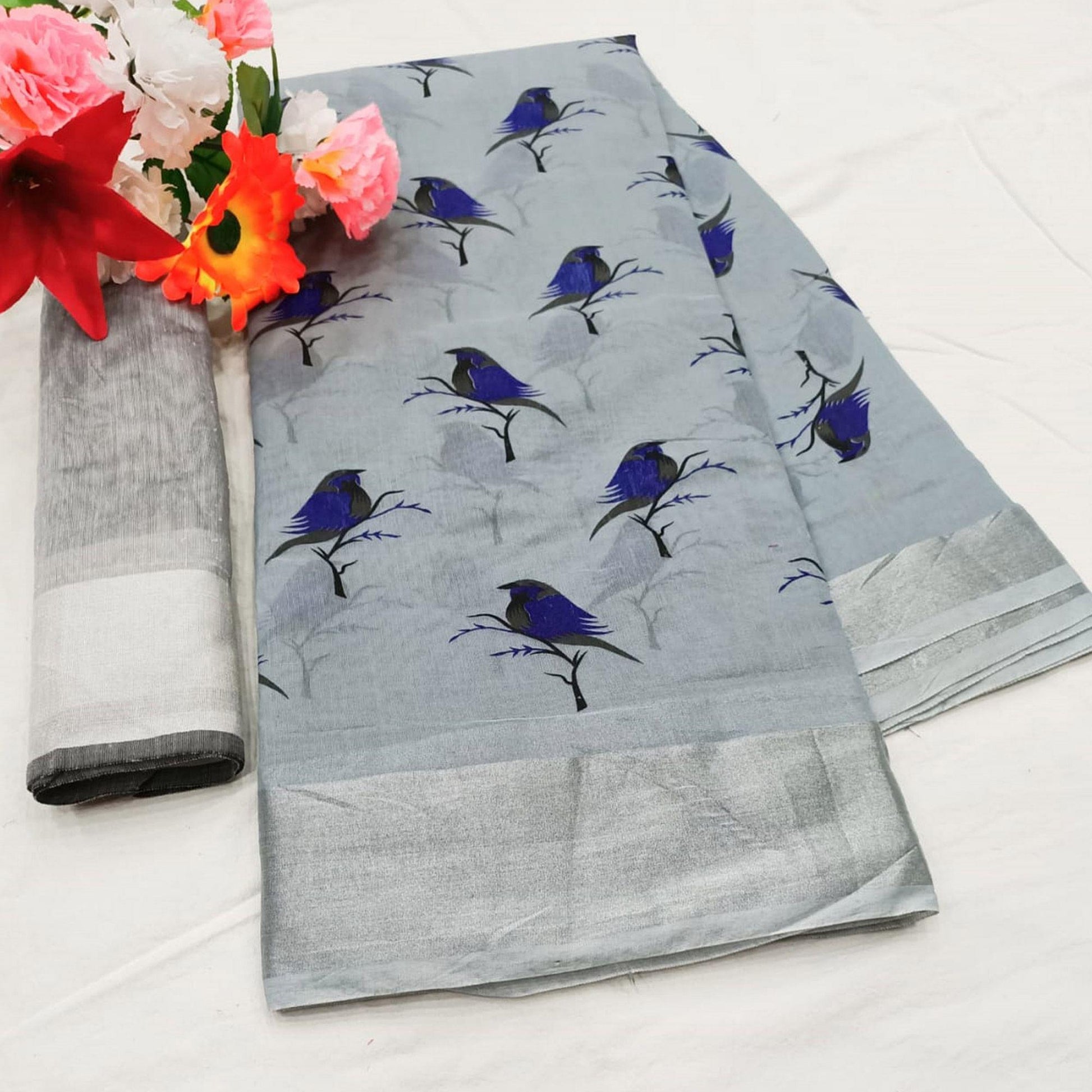 Flaunt Grey Colored Casual Wear Printed Cotton Linen Saree