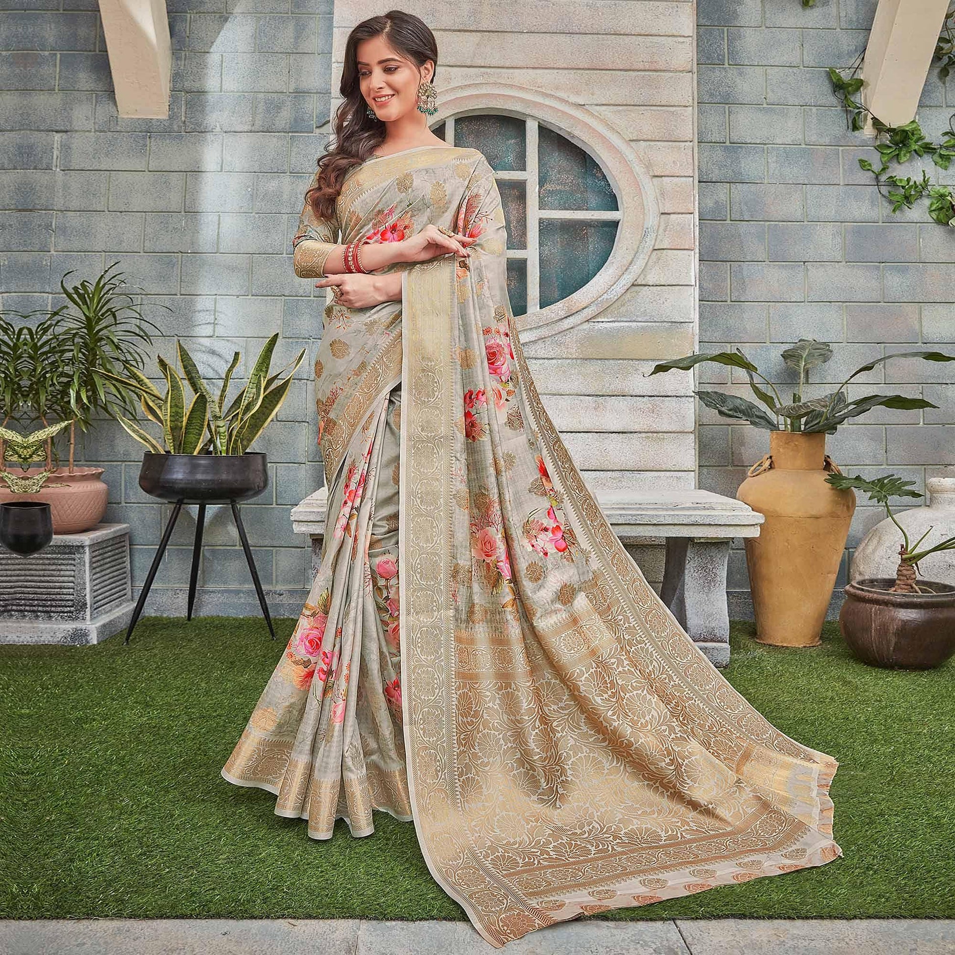 Flaunt Grey Colored Festive Wear Woven Silk Saree
