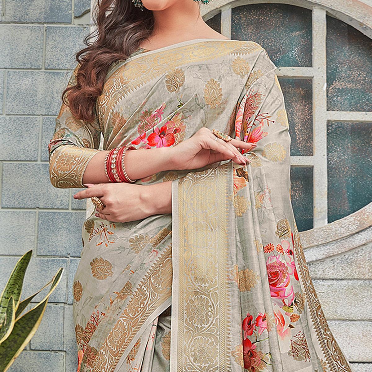 Flaunt Grey Colored Festive Wear Woven Silk Saree