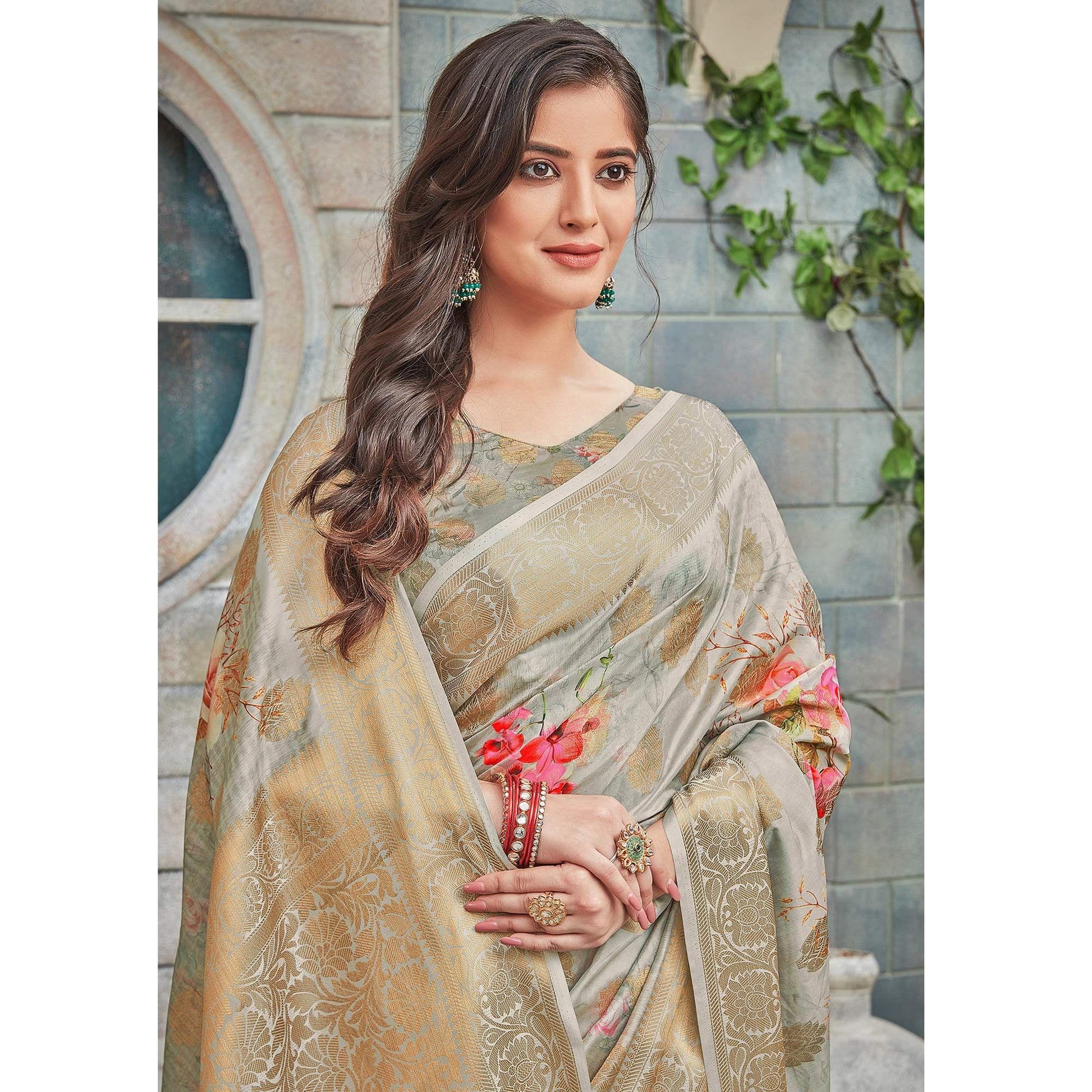 Flaunt Grey Colored Festive Wear Woven Silk Saree