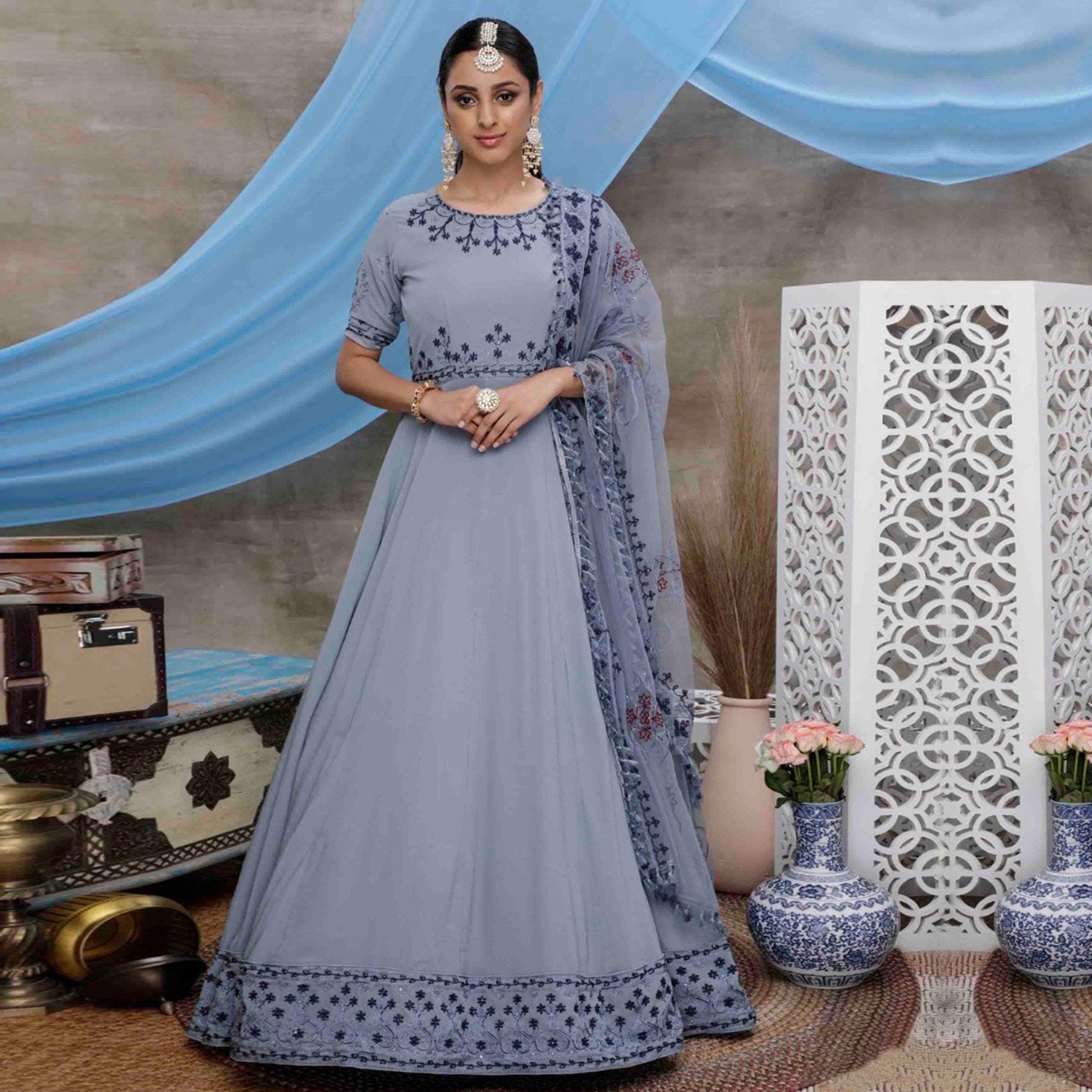 Flaunt Grey Colored Partywear Embroidered Georgette Anarkali Suit