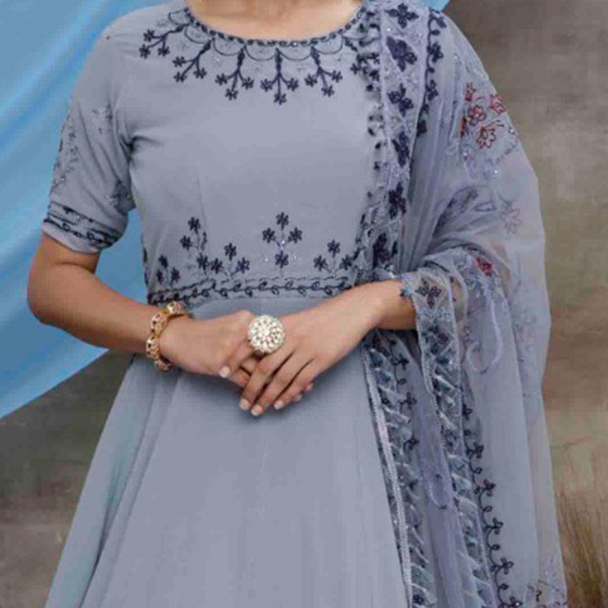Flaunt Grey Colored Partywear Embroidered Georgette Anarkali Suit