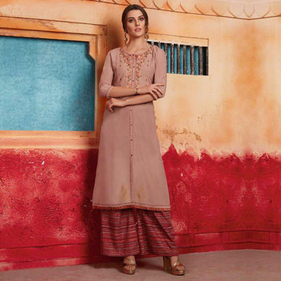 Flaunt Light Brown Colored Partywear Embroidered Pure Muslin-Silk Kurti-Palazzo Set