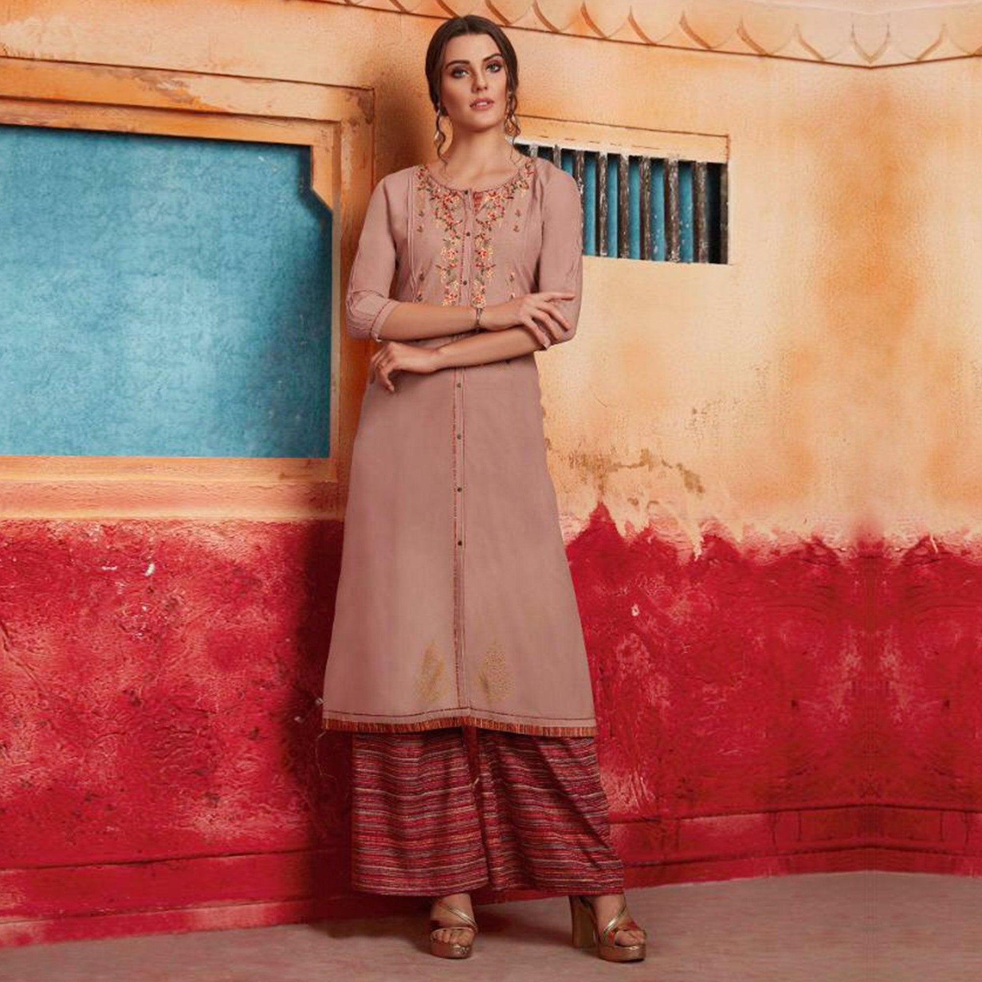 Flaunt Light Brown Colored Partywear Embroidered Pure Muslin-Silk Kurti-Palazzo Set