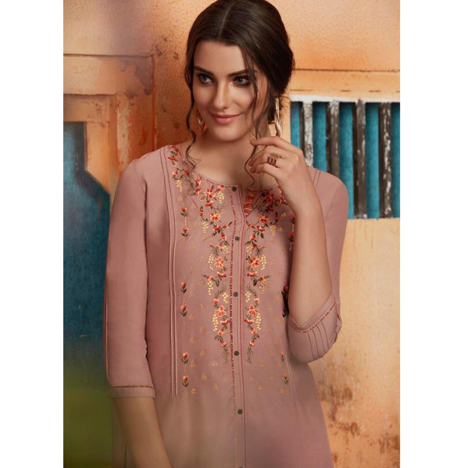 Flaunt Light Brown Colored Partywear Embroidered Pure Muslin-Silk Kurti-Palazzo Set