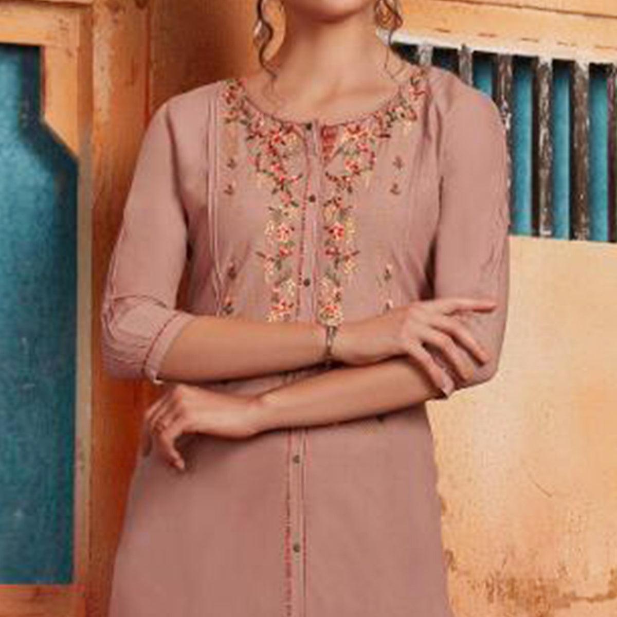 Flaunt Light Brown Colored Partywear Embroidered Pure Muslin-Silk Kurti-Palazzo Set