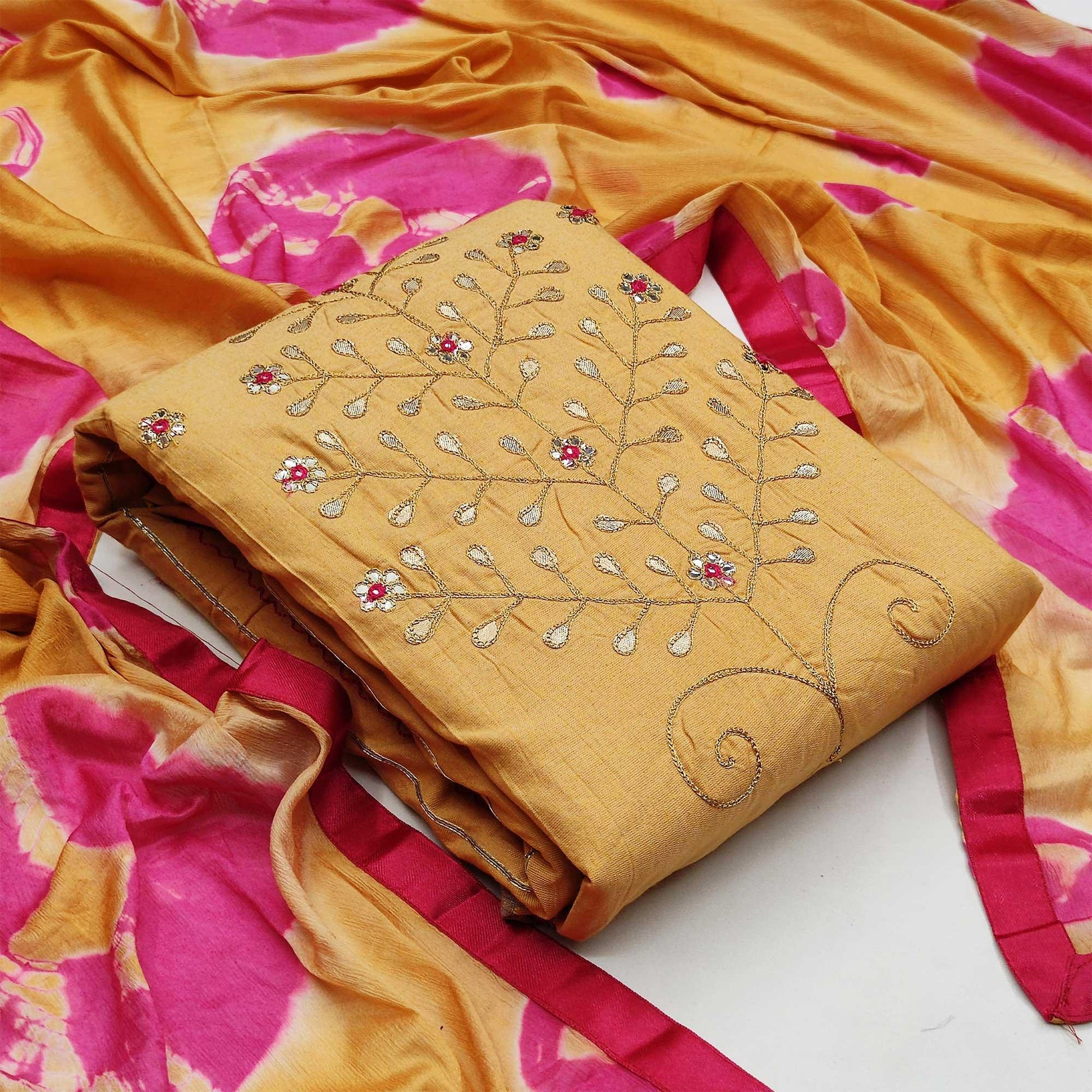 Flaunt Mustard Colored Festive Wear Embroidered Handloom Cotton Dress Material
