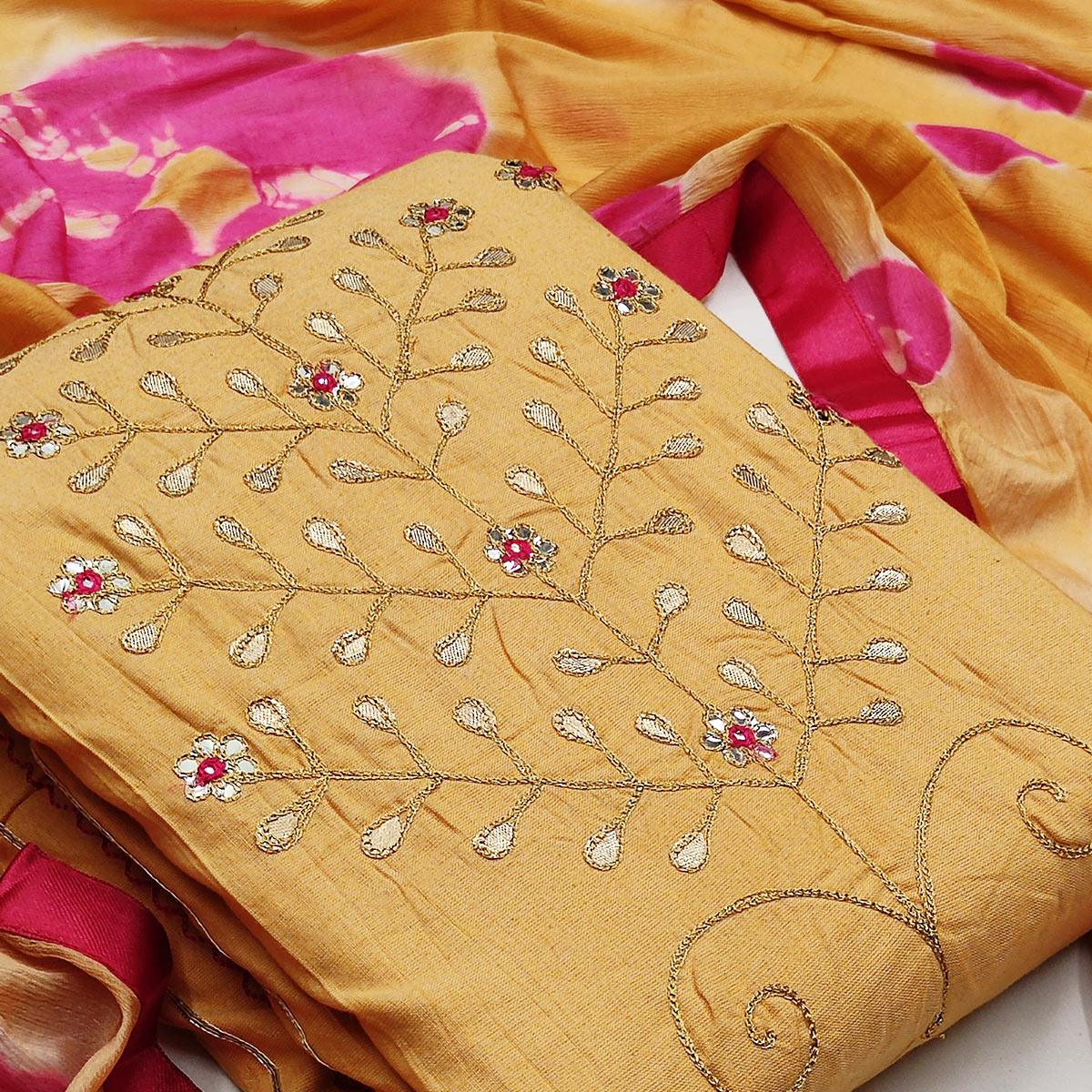 Flaunt Mustard Colored Festive Wear Embroidered Handloom Cotton Dress Material