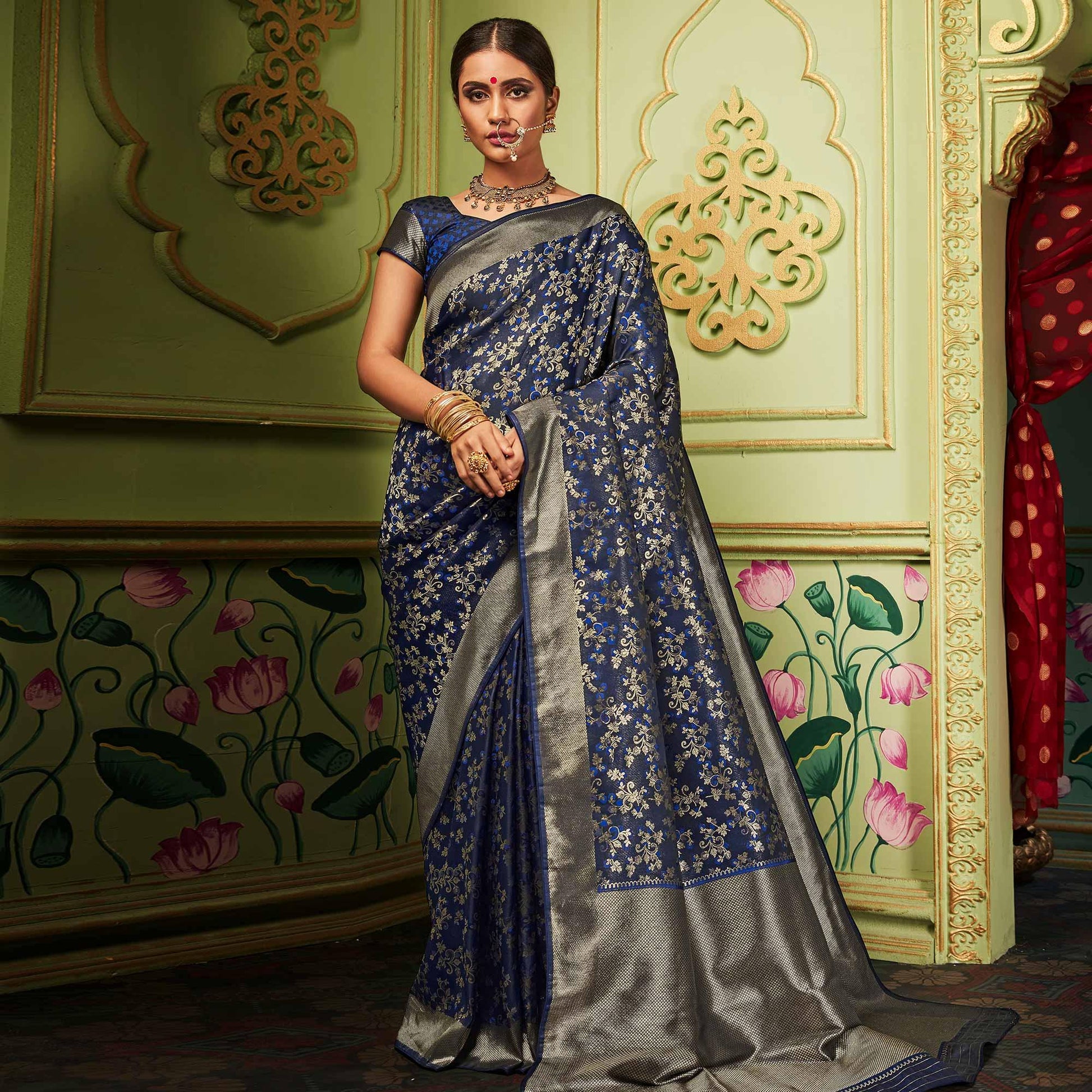 Flaunt Navy Blue Colored Festive Wear Woven Banarasi Silk Saree