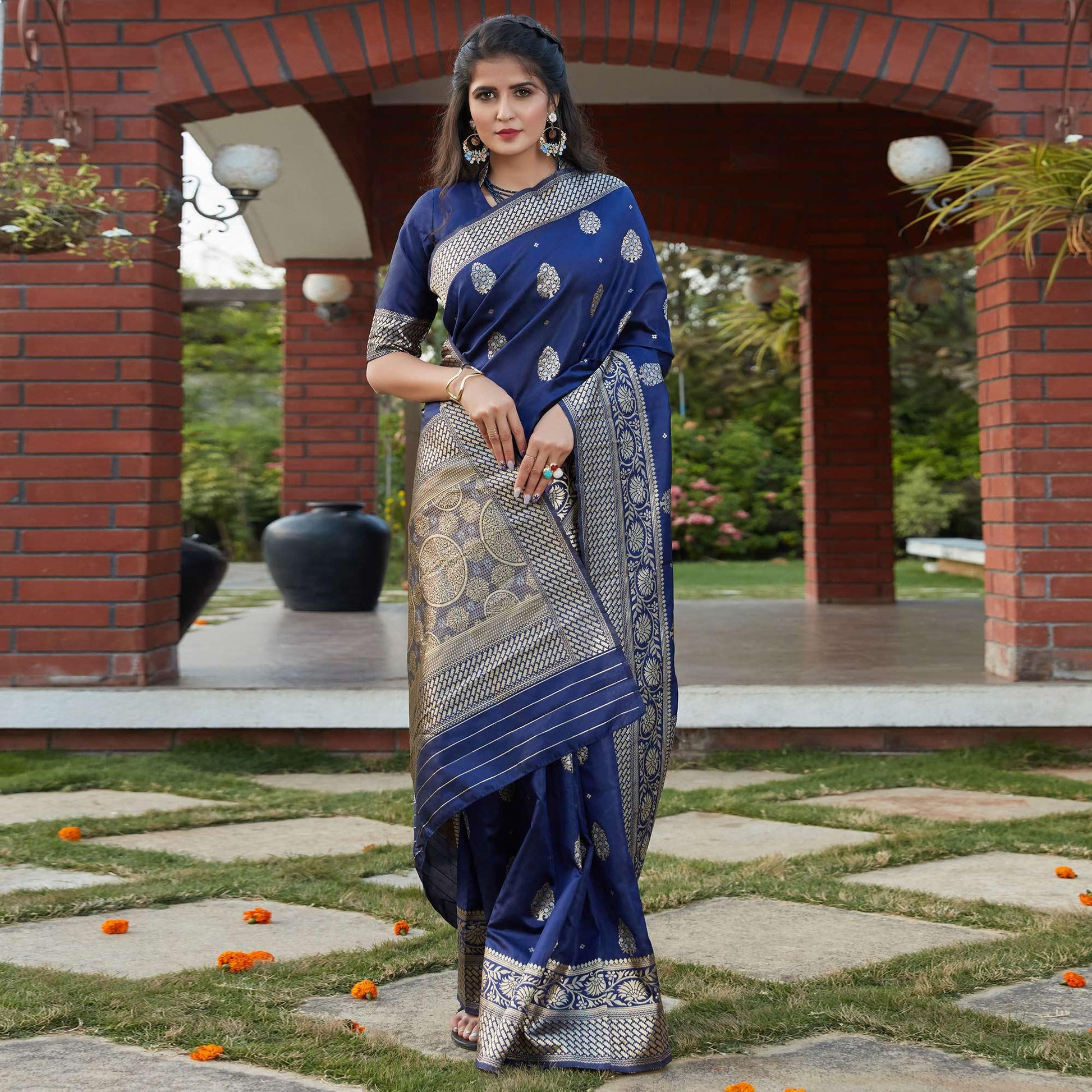 Flaunt Navy Blue Colored Festive Wear Woven Banarasi Silk Saree