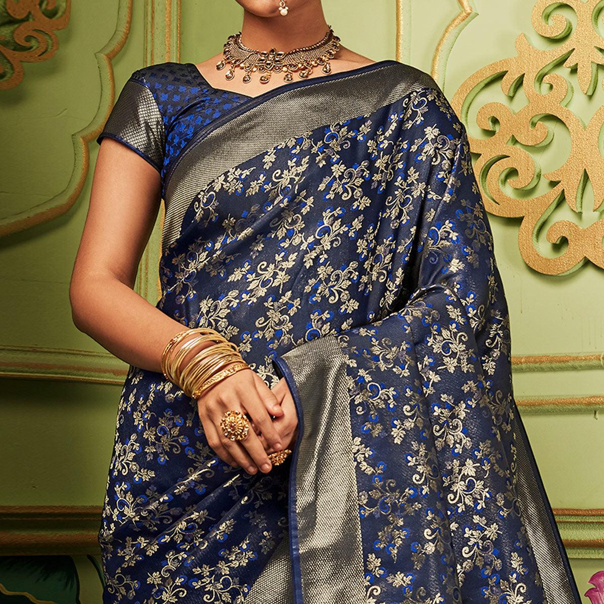 Flaunt Navy Blue Colored Festive Wear Woven Banarasi Silk Saree