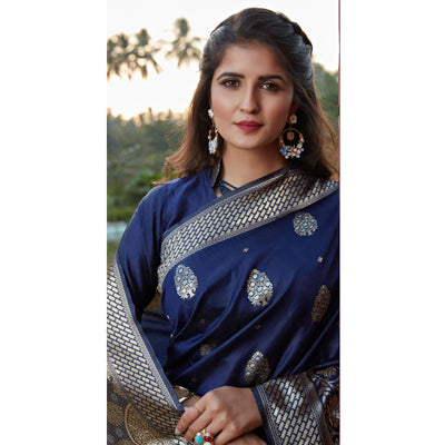 Flaunt Navy Blue Colored Festive Wear Woven Banarasi Silk Saree