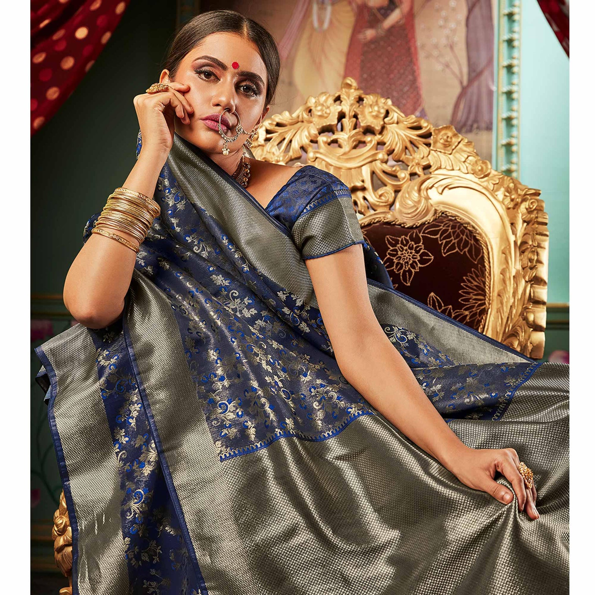 Flaunt Navy Blue Colored Festive Wear Woven Banarasi Silk Saree