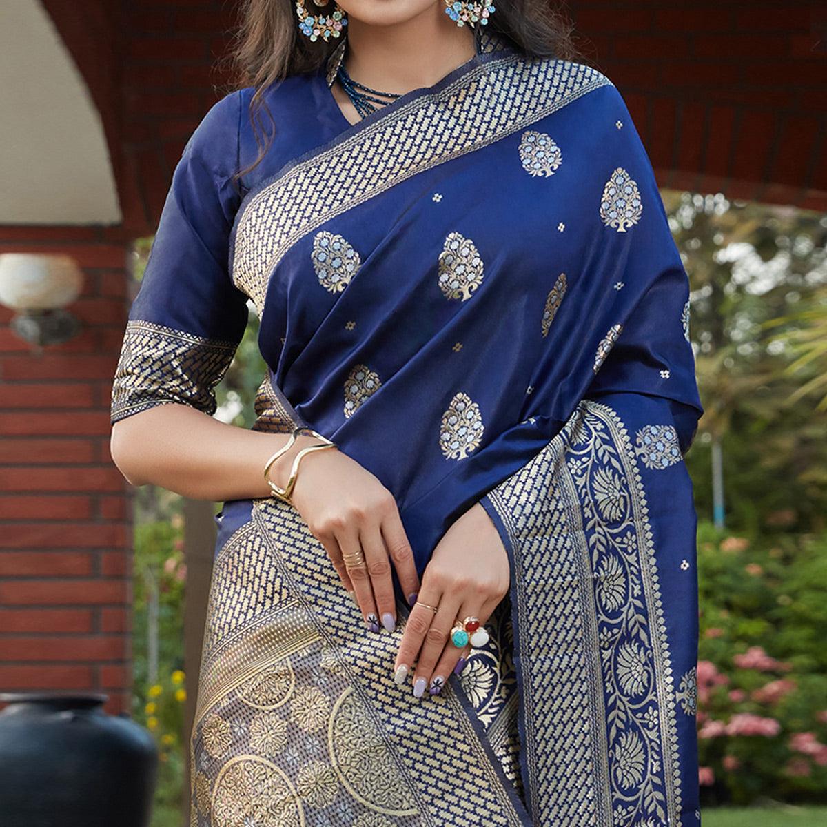 Flaunt Navy Blue Colored Festive Wear Woven Banarasi Silk Saree