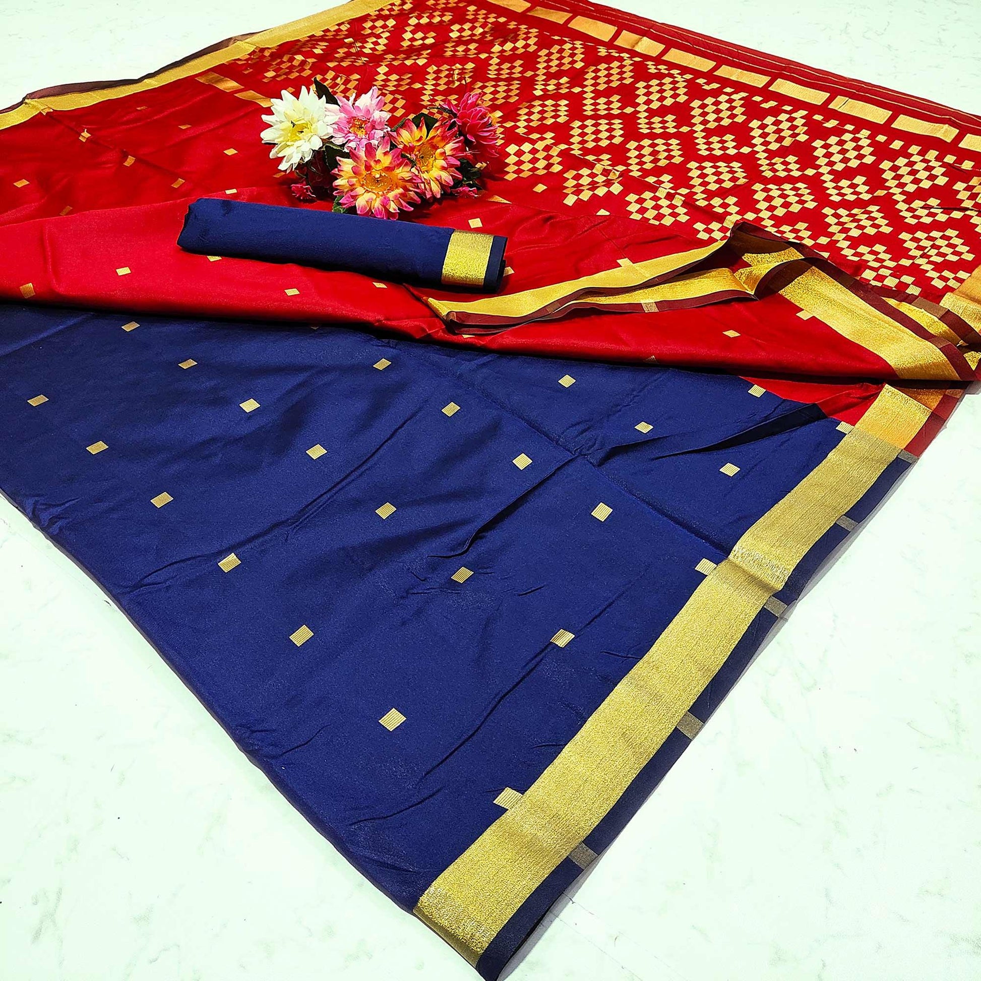 Flaunt Navy Blue Colored Festive Wear Woven Soft Silk Saree