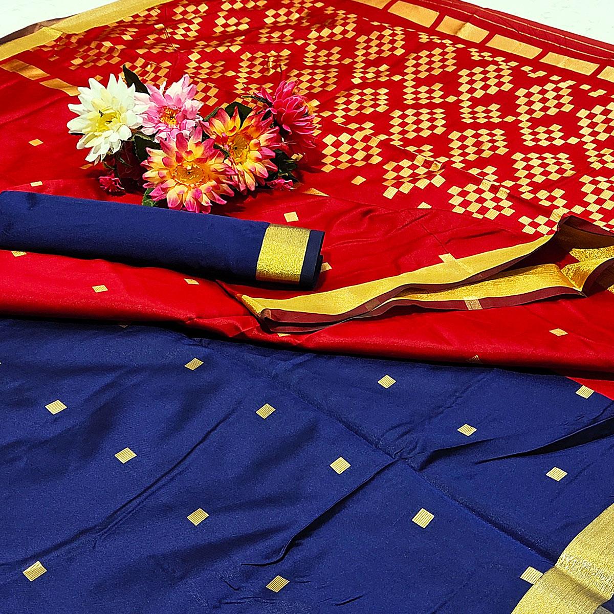 Flaunt Navy Blue Colored Festive Wear Woven Soft Silk Saree