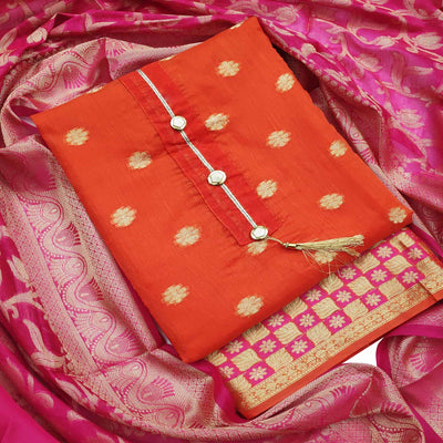 Flaunt Orange Colored Festive Wear Woven Banarasi Silk Dress Material