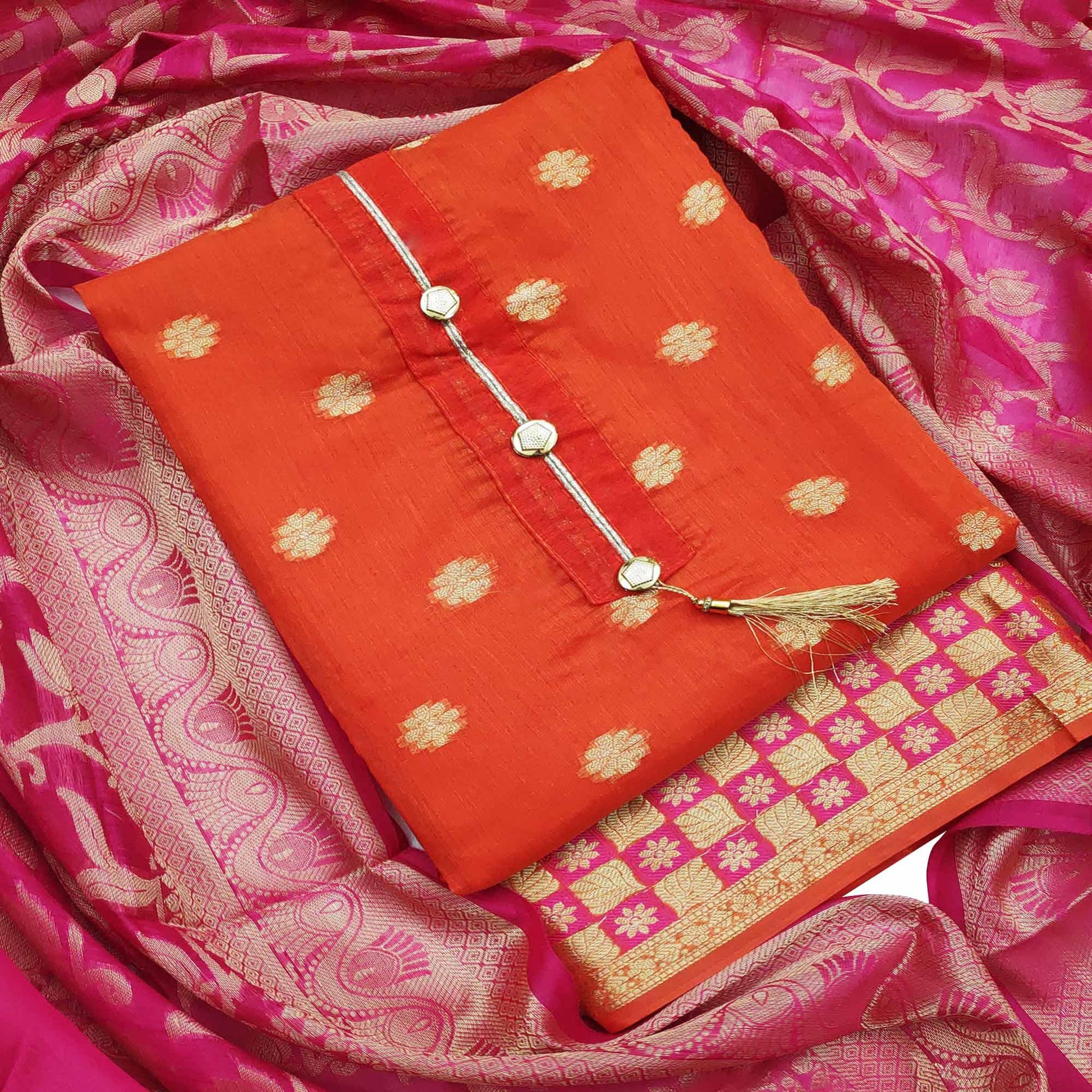 Flaunt Orange Colored Festive Wear Woven Banarasi Silk Dress Material