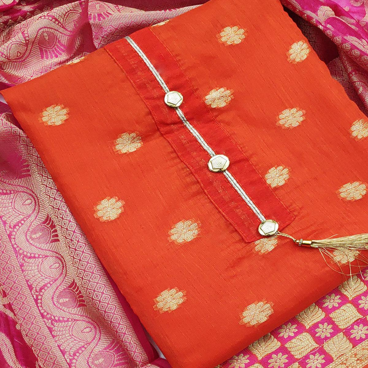 Flaunt Orange Colored Festive Wear Woven Banarasi Silk Dress Material