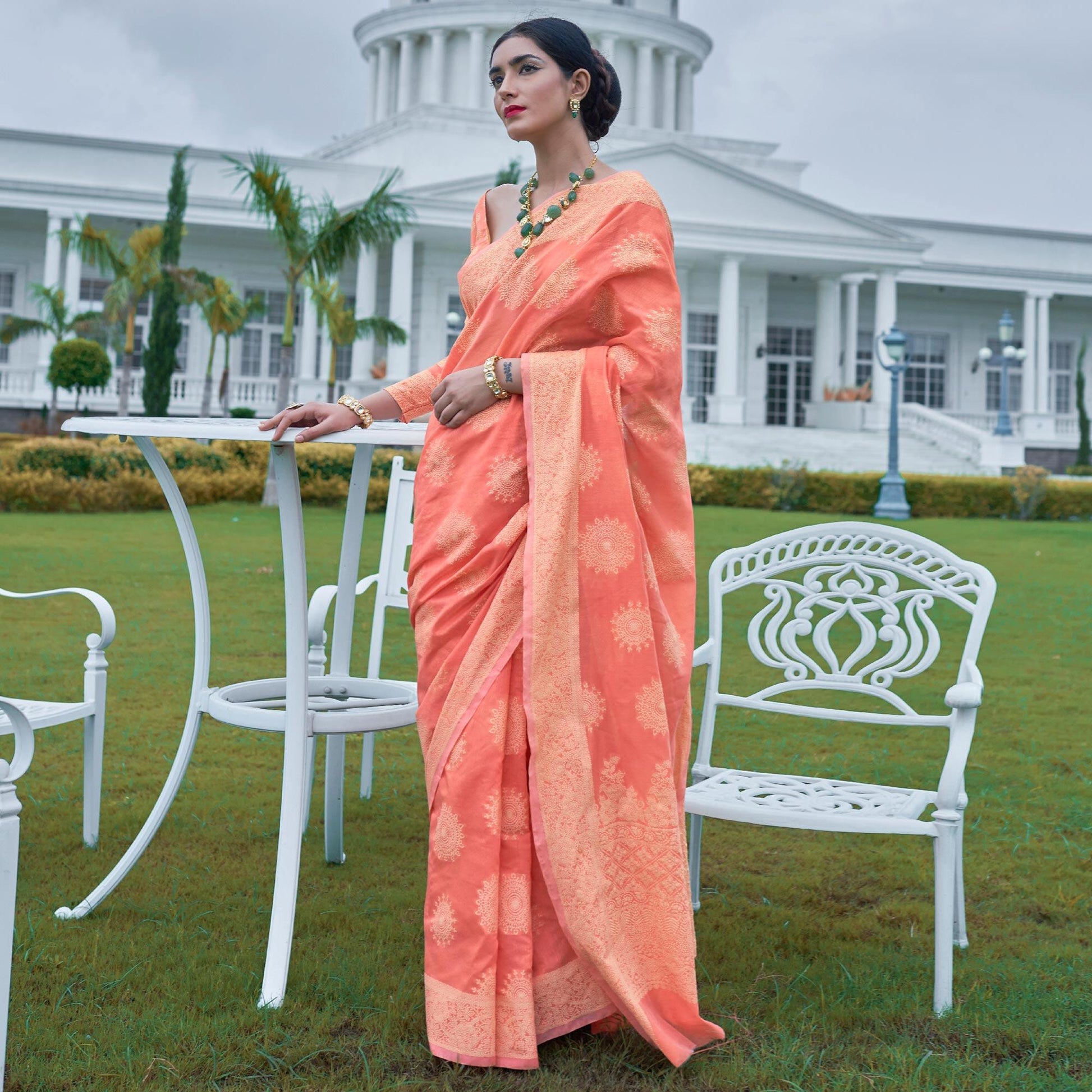 Flaunt Peach Colored Festive Wear Woven Chanderi Saree