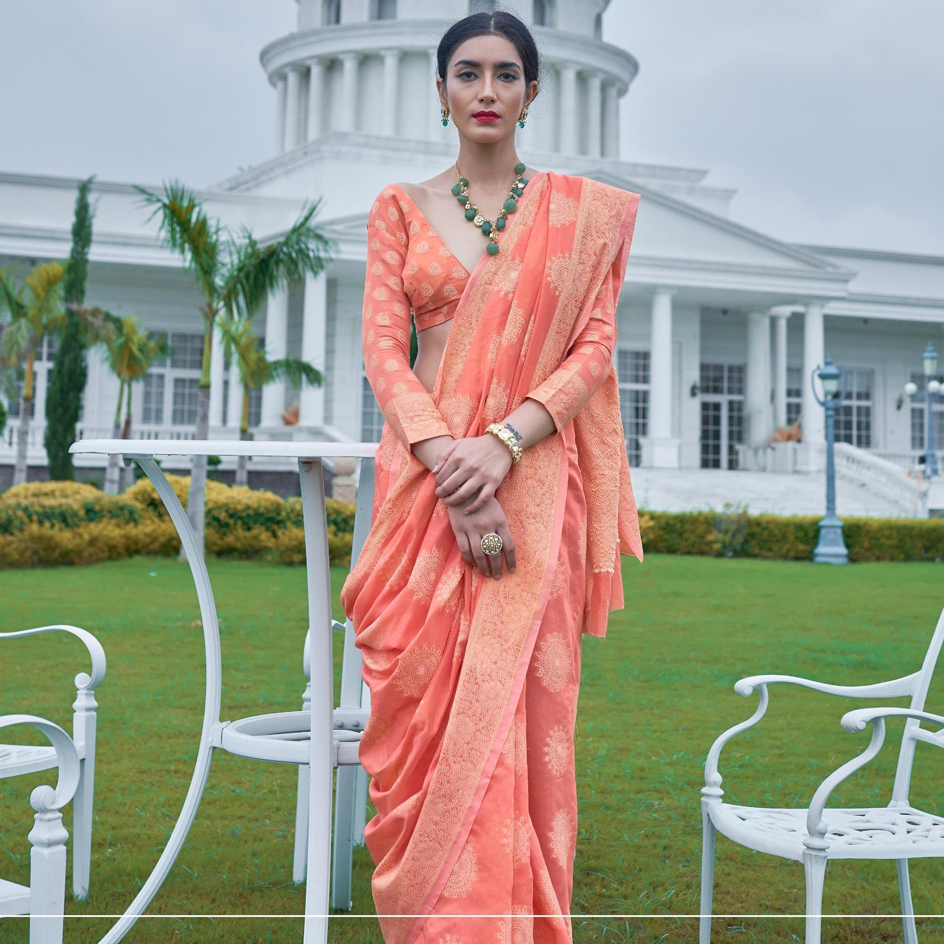 Flaunt Peach Colored Festive Wear Woven Chanderi Saree