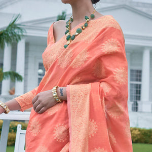 Flaunt Peach Colored Festive Wear Woven Chanderi Saree