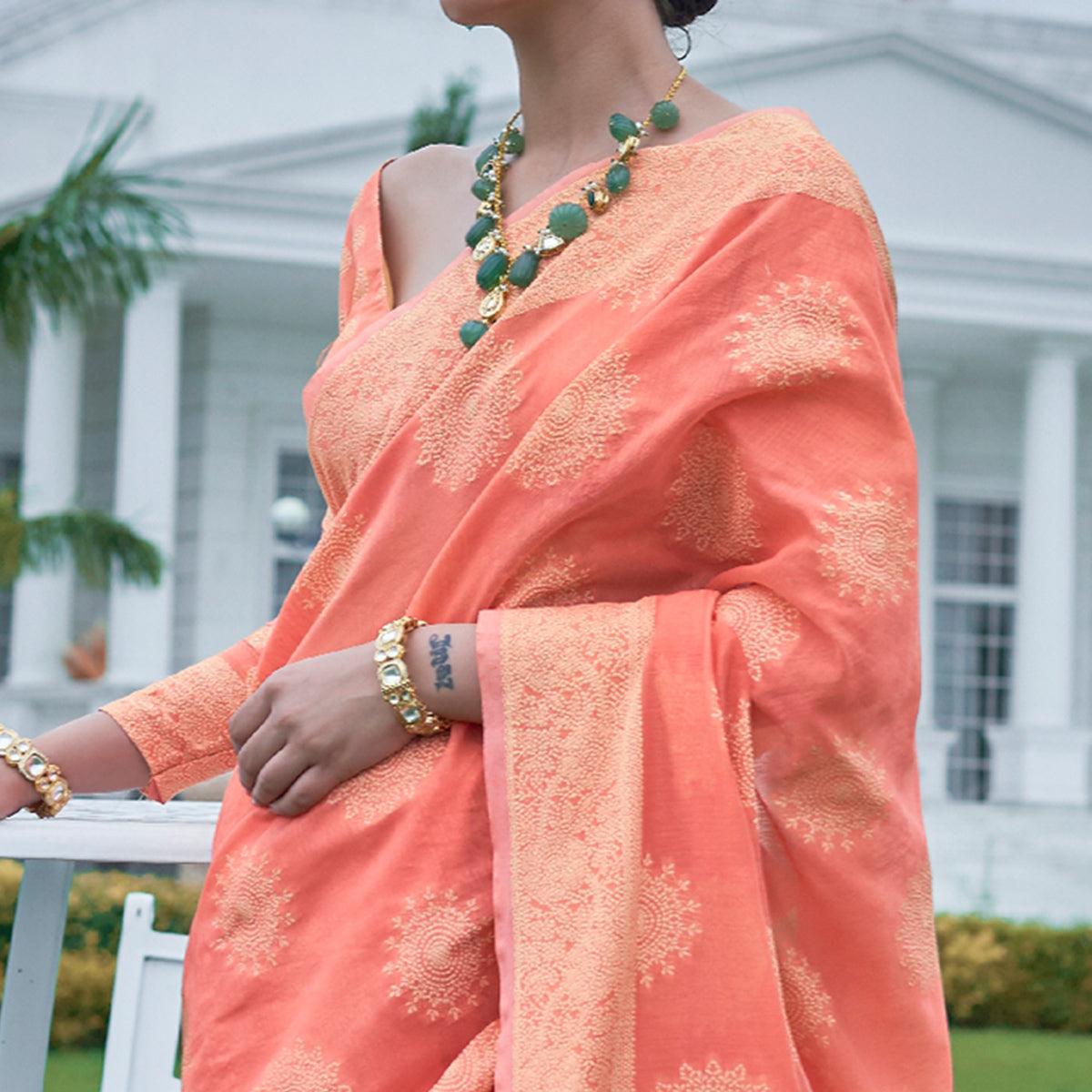 Flaunt Peach Colored Festive Wear Woven Chanderi Saree