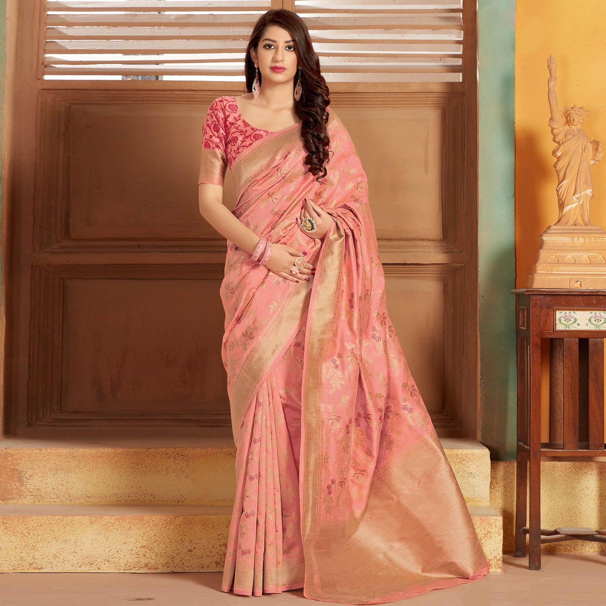 Flaunt Peach Colored Festive Wear Woven Silk Saree