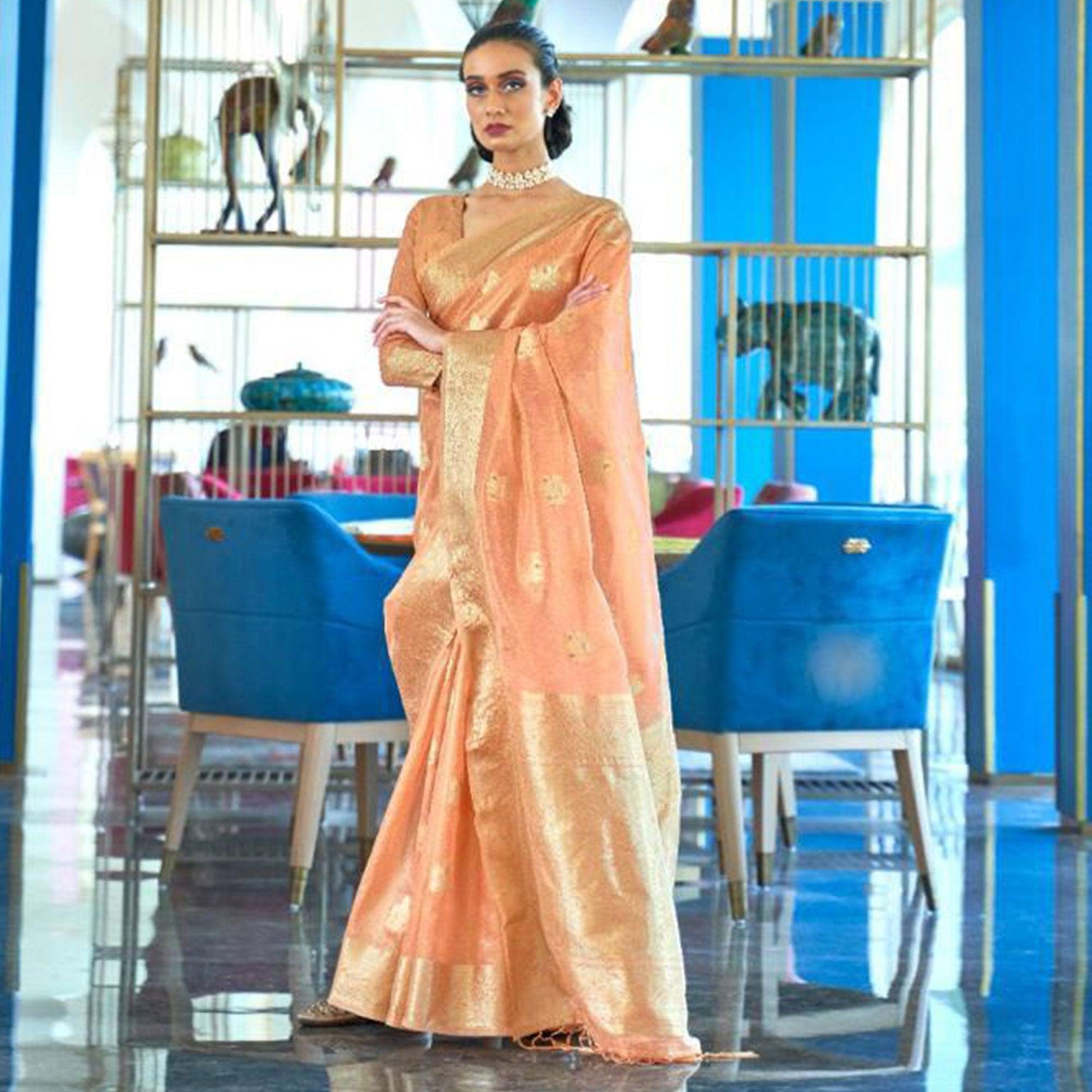 Flaunt Peach Coloured Partywear Organza weaving Saree