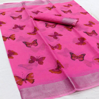 Flaunt Pink Colored Casual Wear Butterfly Block Printed Cotton Linen Saree