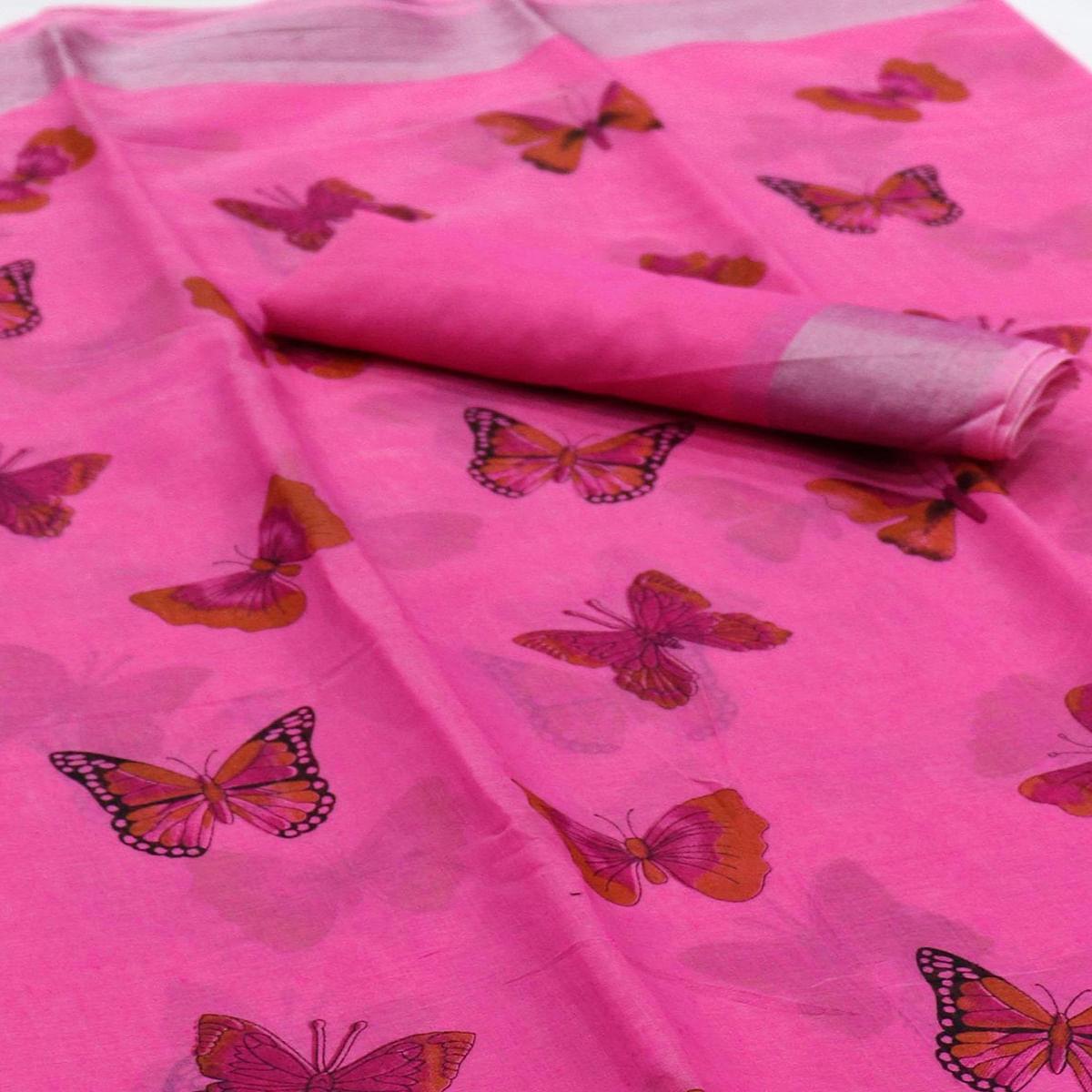 Flaunt Pink Colored Casual Wear Butterfly Block Printed Cotton Linen Saree