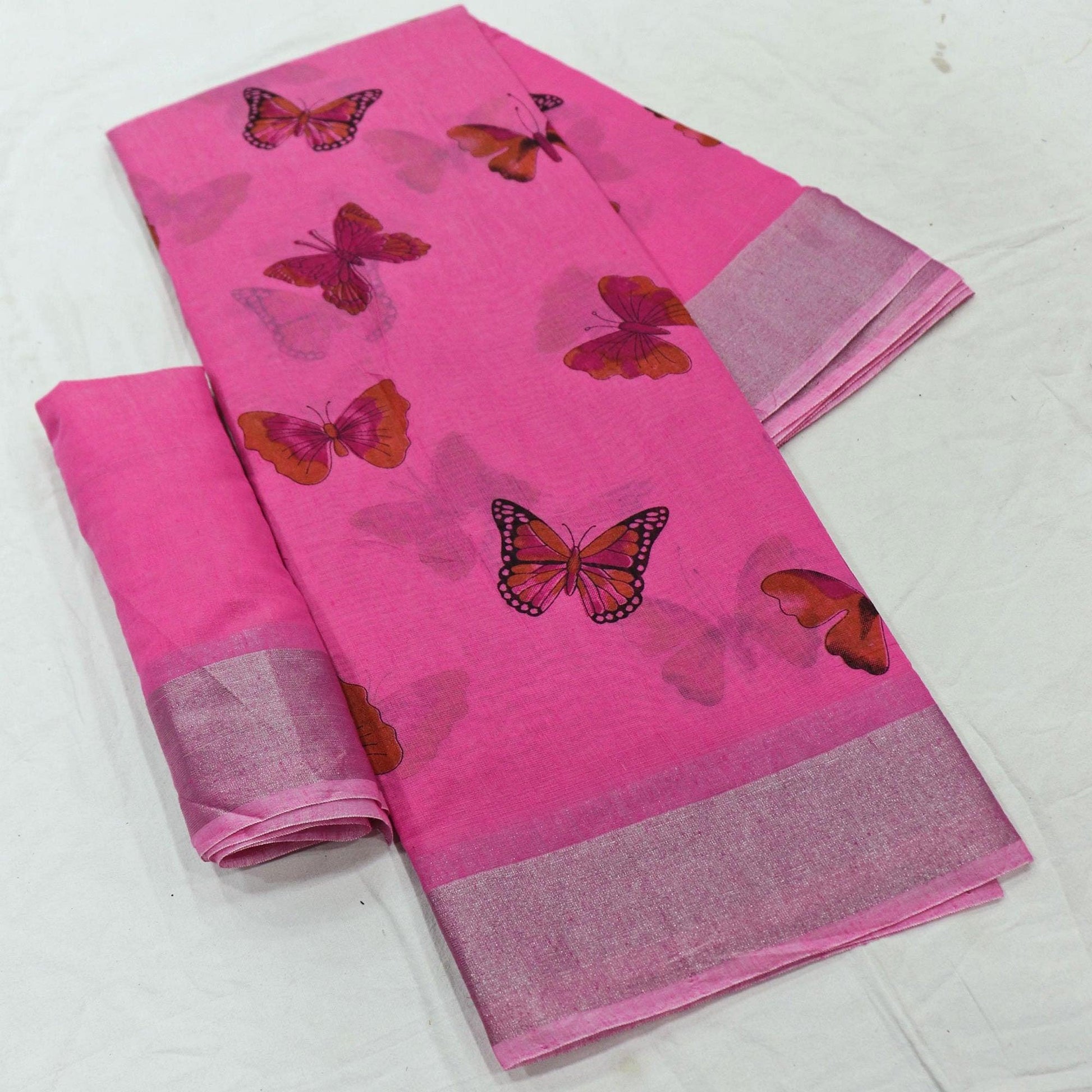 Flaunt Pink Colored Casual Wear Butterfly Block Printed Cotton Linen Saree