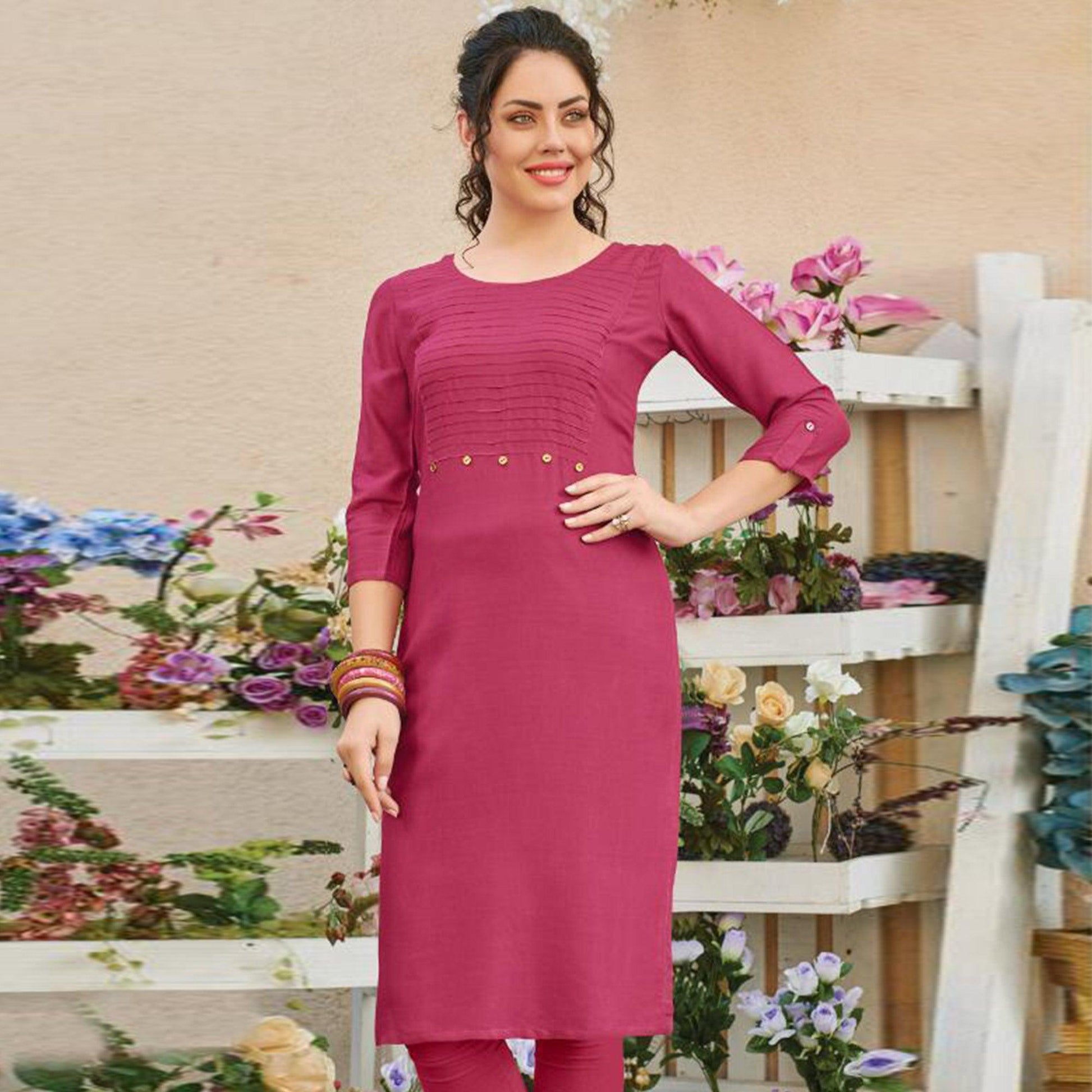 Flaunt Pink Colored Casual Wear Solid Pure Rayon Kurti
