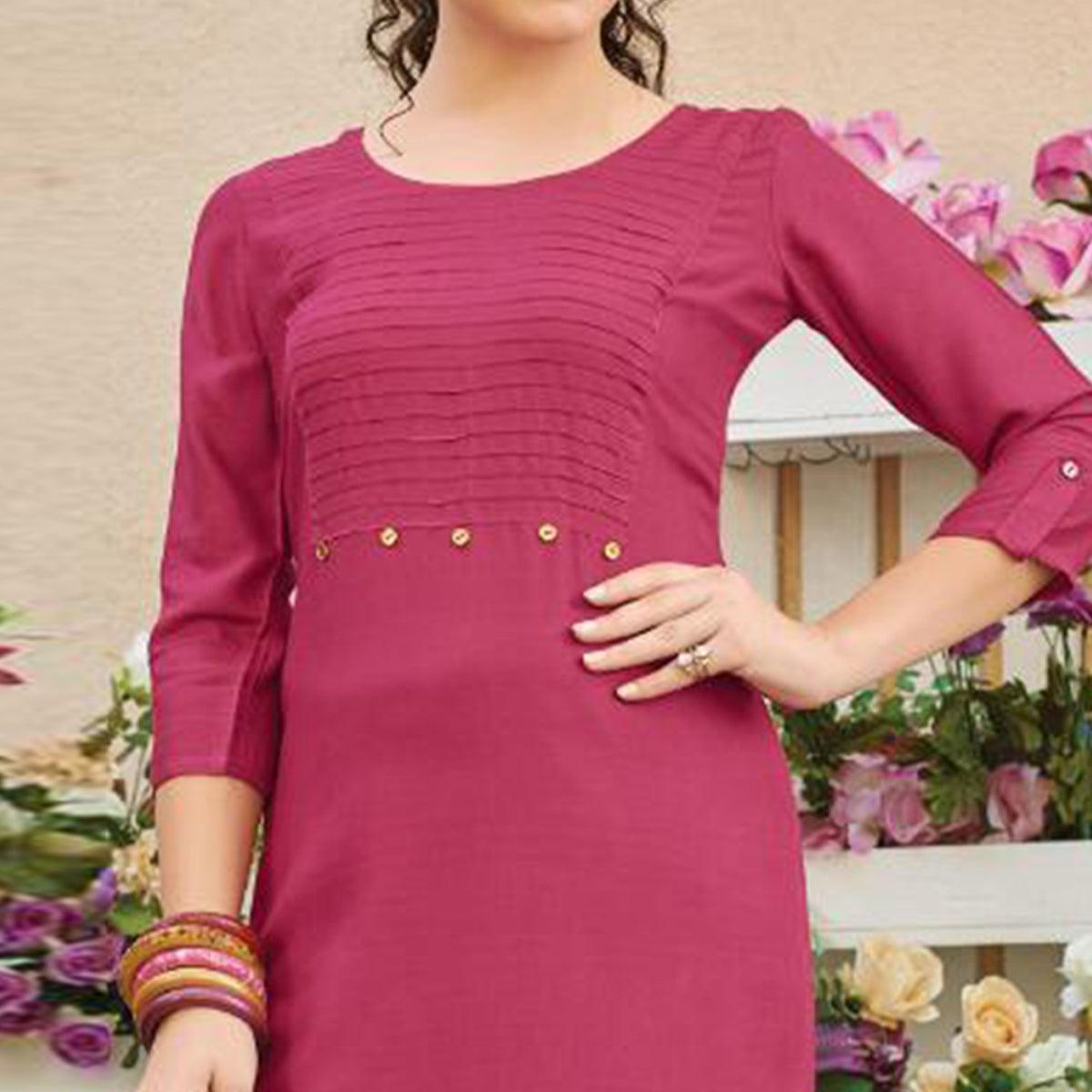 Flaunt Pink Colored Casual Wear Solid Pure Rayon Kurti