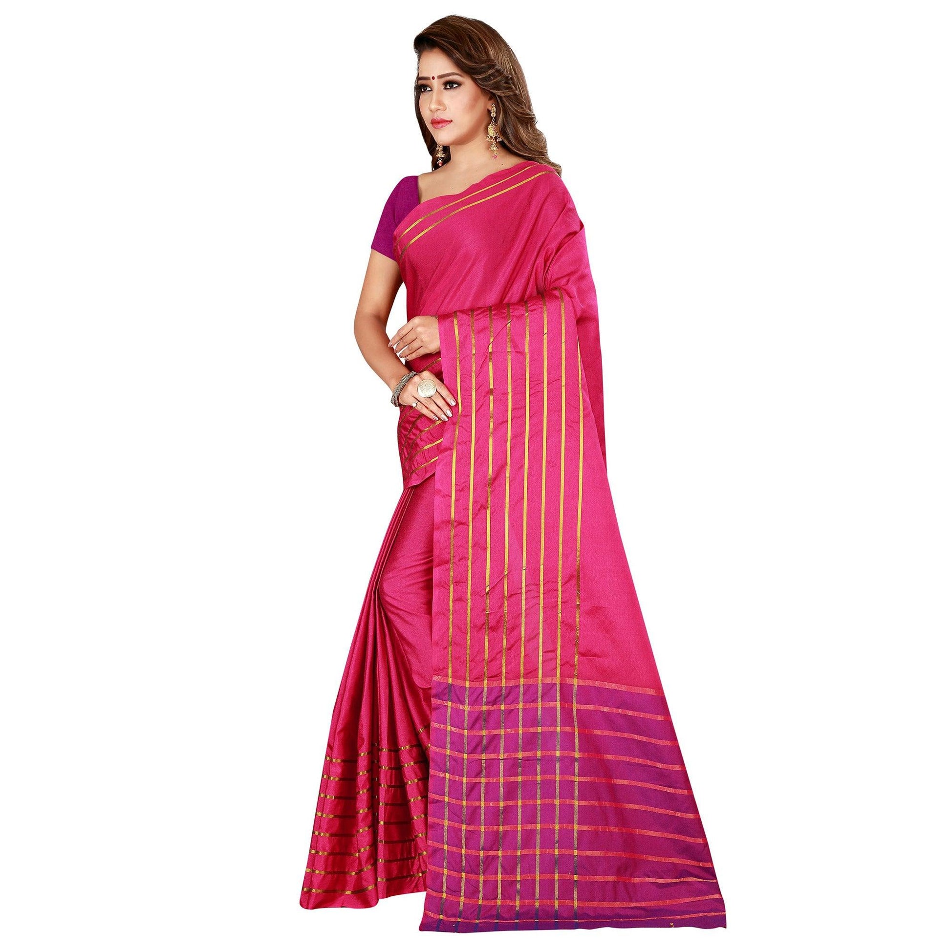 Flaunt Pink Colored Casual Wear Woven Cotton Silk Saree