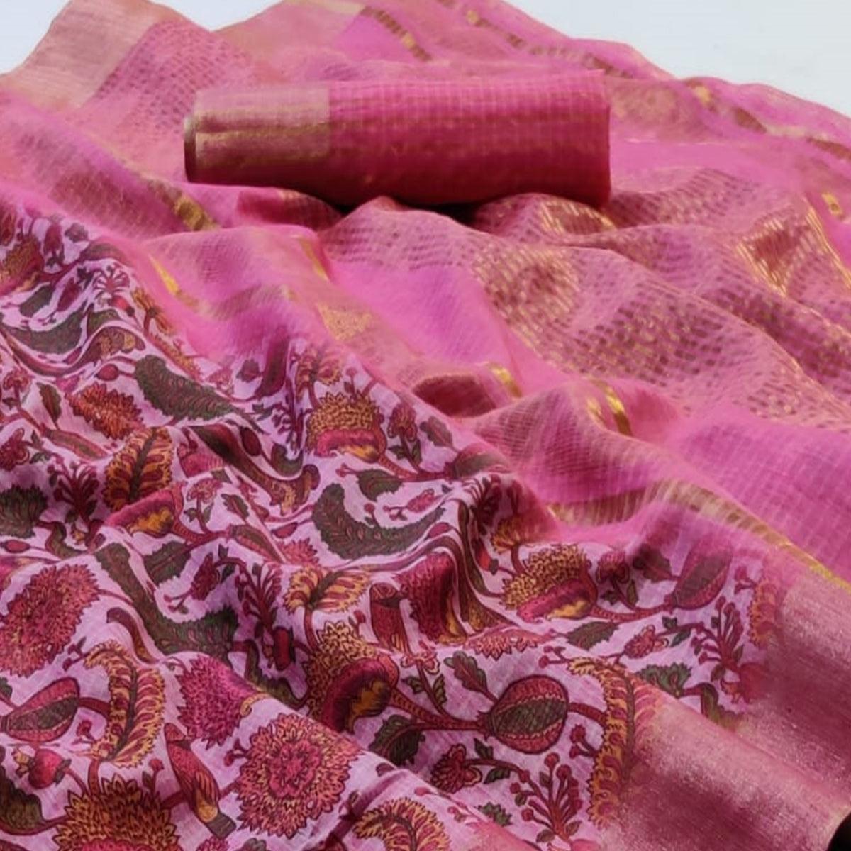 Flaunt Pink Colored Festive Wear Woven Linen Saree