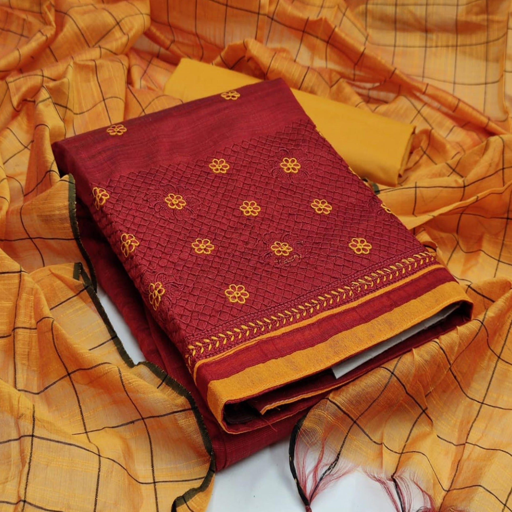 Flaunt Red Colored Casual Wear Embroidered Banarasi Cotton Dress Material