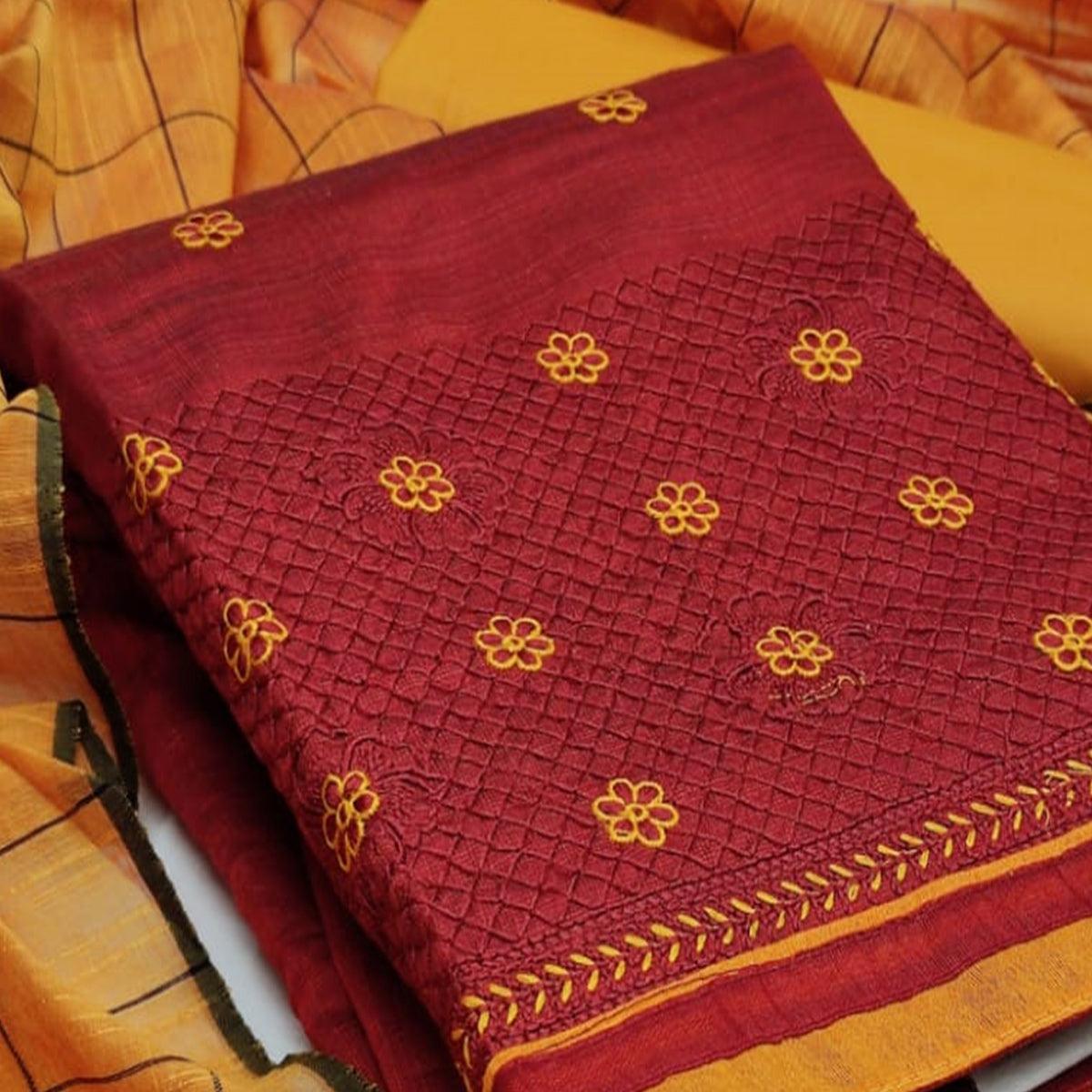Flaunt Red Colored Casual Wear Embroidered Banarasi Cotton Dress Material