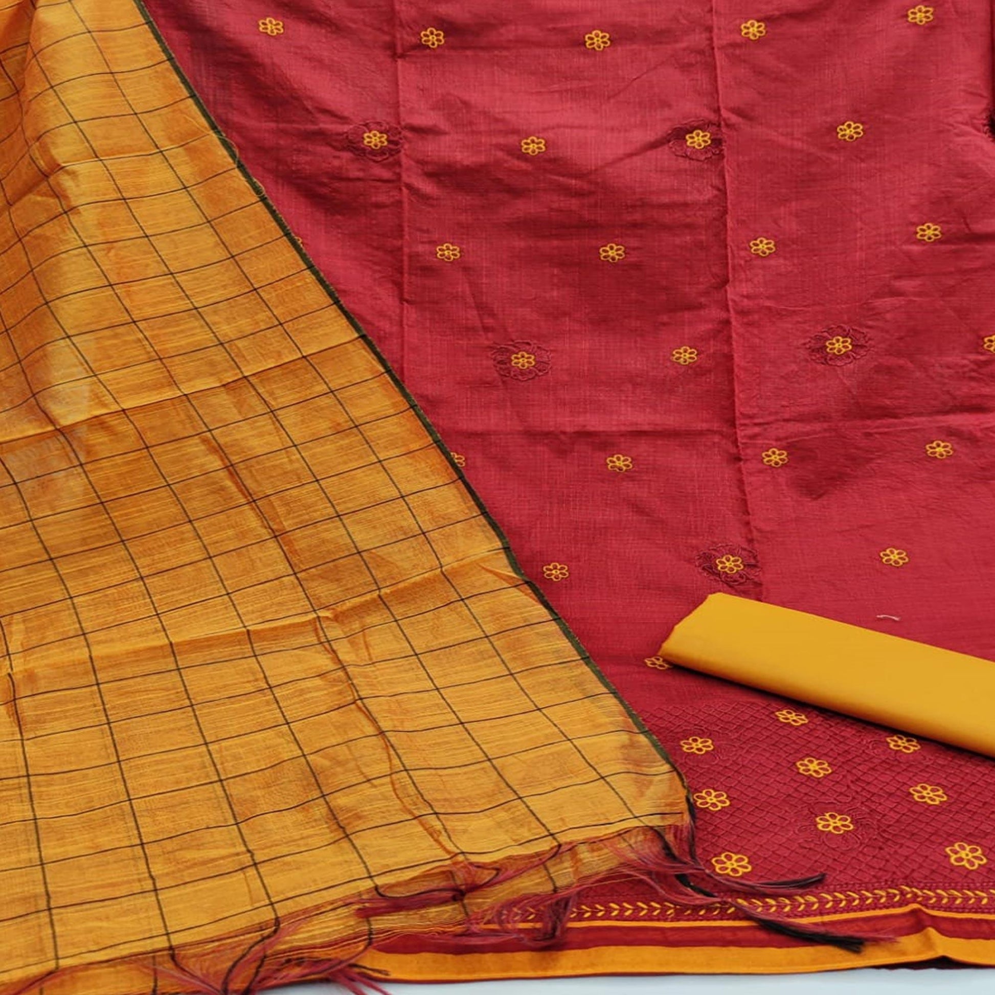 Flaunt Red Colored Casual Wear Embroidered Banarasi Cotton Dress Material