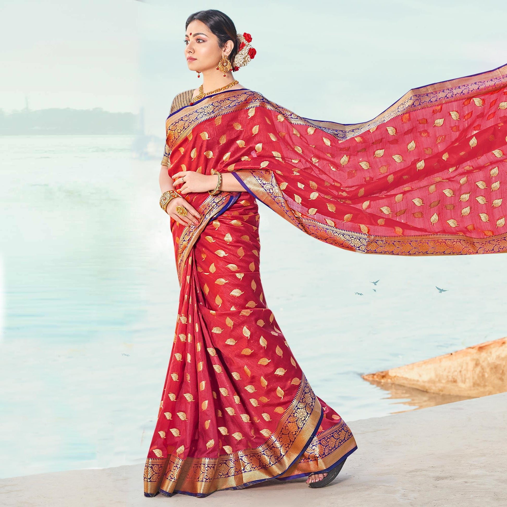 Flaunt Red Colored Festive Wear Woven Handloom Silk Saree
