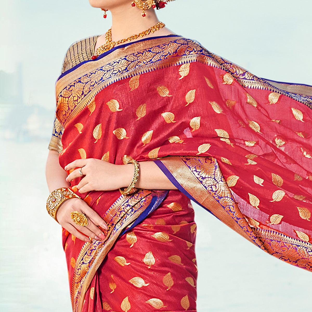 Flaunt Red Colored Festive Wear Woven Handloom Silk Saree